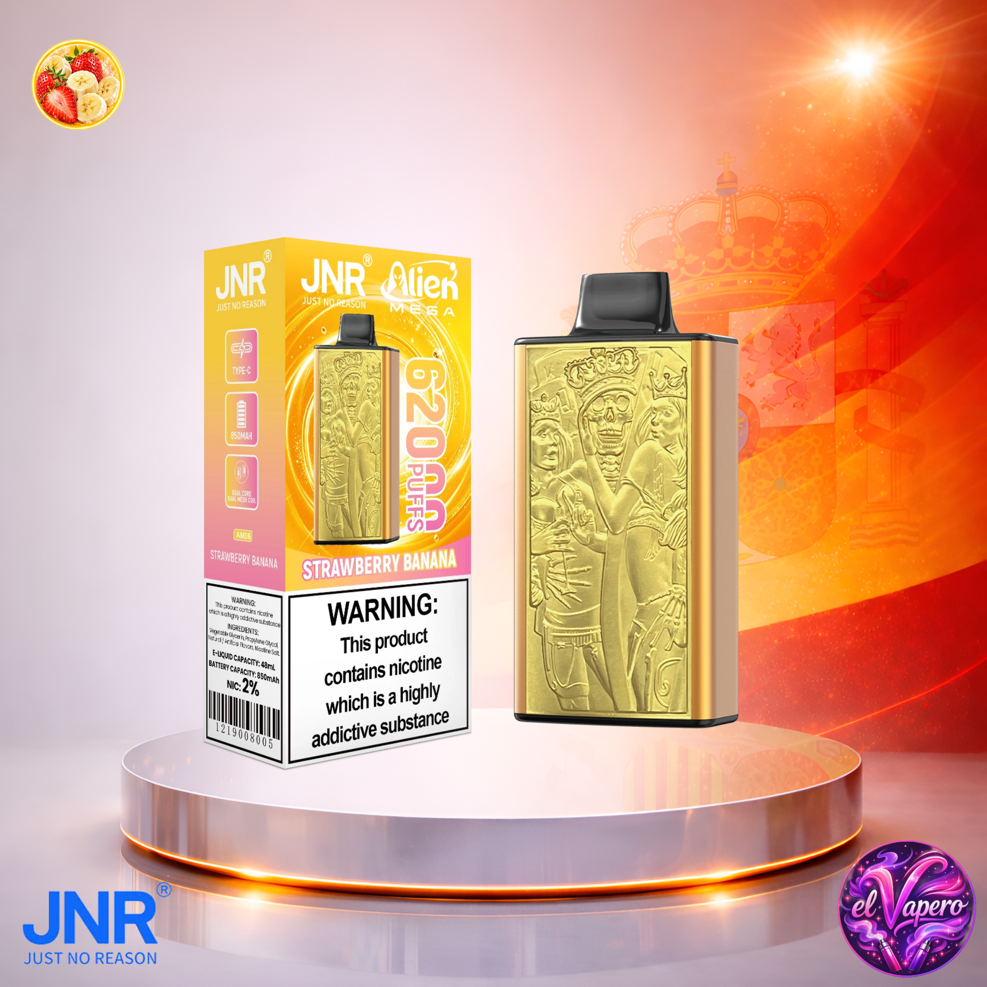 Vaper desechable JNR Alien Mega 62K España Strawberry Banana con hasta 62000 caladas y delicioso sabor a fresa y plátano.