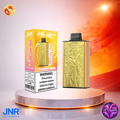 Vaper desechable JNR Alien Mega 62K España Strawberry Banana con hasta 62000 caladas y delicioso sabor a fresa y plátano.