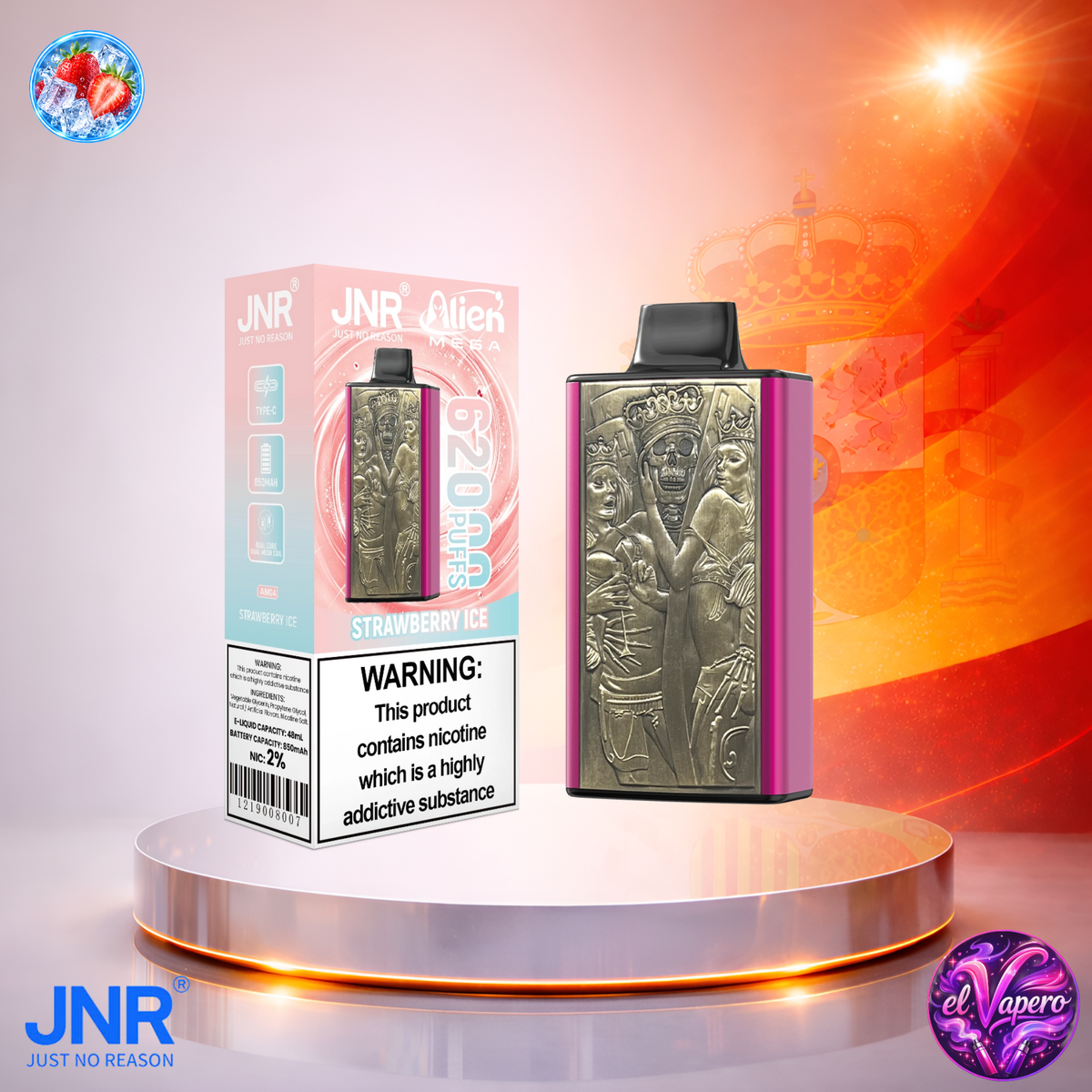 Vaper desechable JNR Alien Mega 62K España Strawberry Ice con hasta 62000 caladas y refrescante sabor a fresa helada.