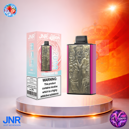 Vaper desechable JNR Alien Mega 62K España Strawberry Ice con hasta 62000 caladas y refrescante sabor a fresa helada.