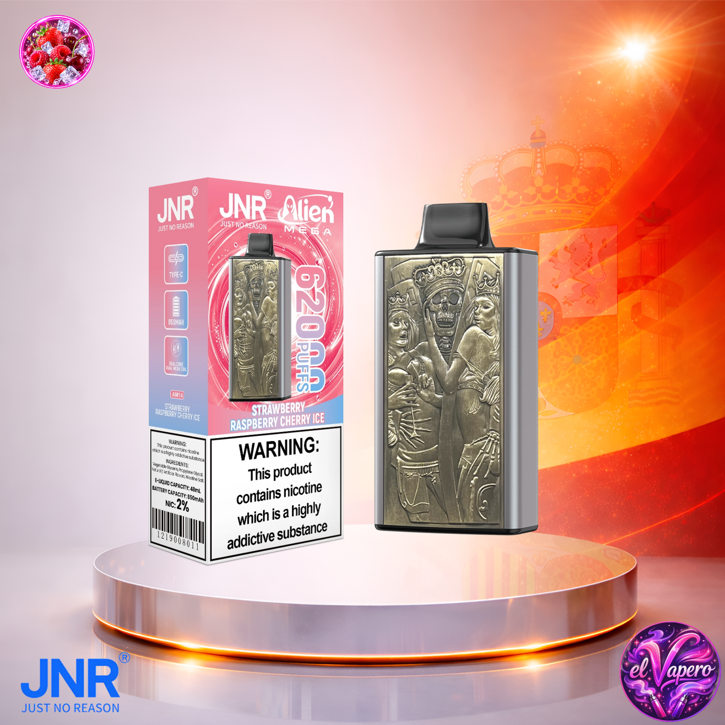 Vaper desechable JNR Alien Mega 62K España Strawberry Ice con hasta 62000 caladas y refrescante sabor a fresa helada.