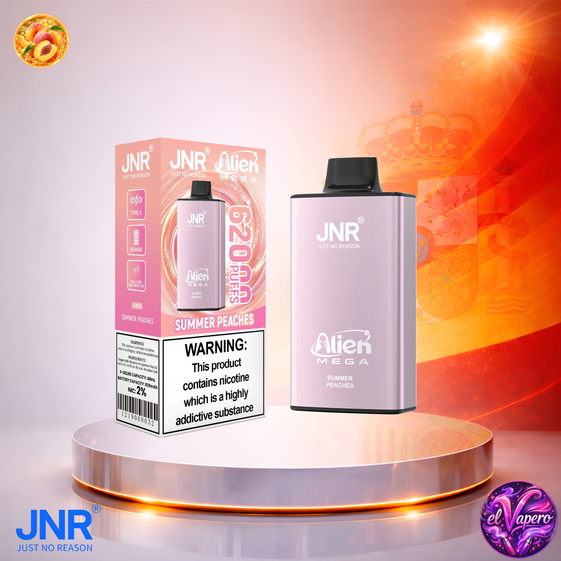 Vaper desechable JNR Alien Mega 62K España Summer Peaches con hasta 62000 caladas y delicioso sabor a melocotón.