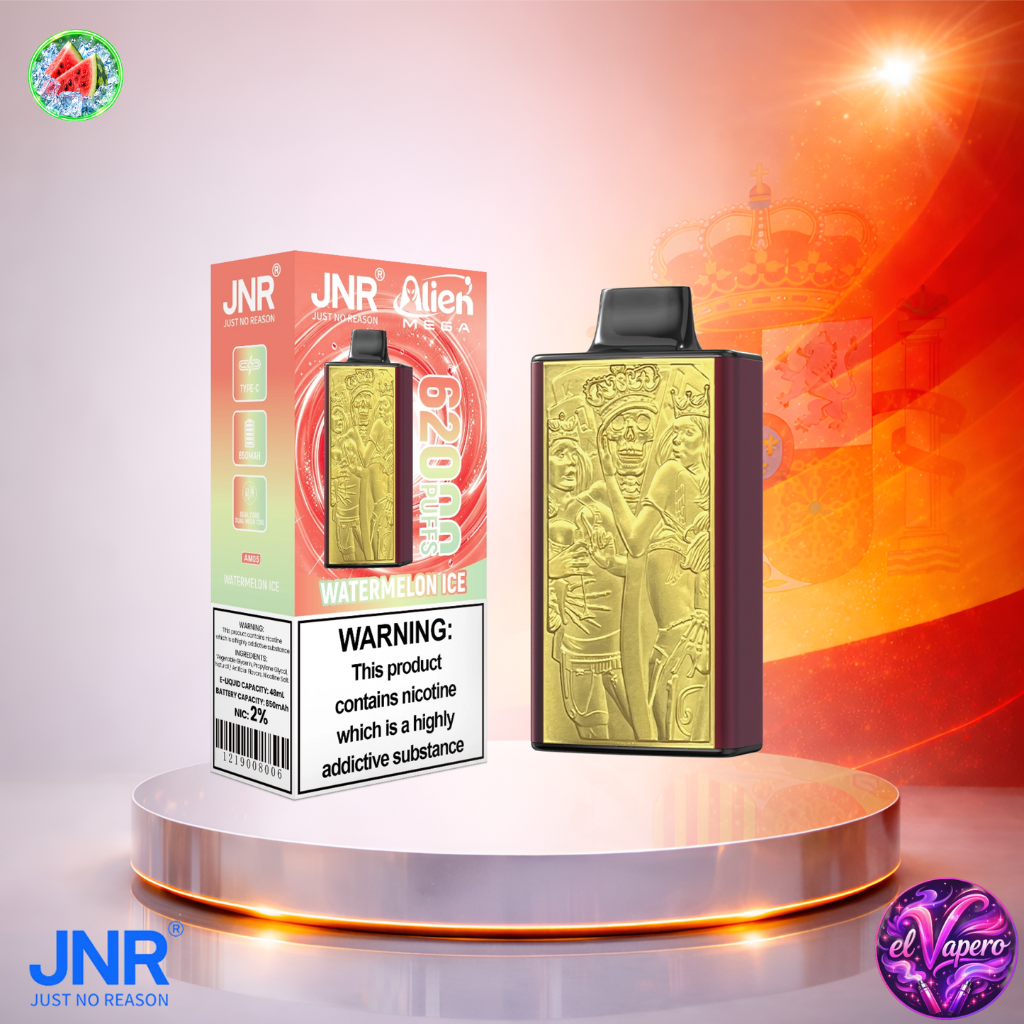 Vaper desechable JNR Alien Mega 62K España Watermelon Ice con hasta 62000 caladas y refrescante sabor a sandía helada