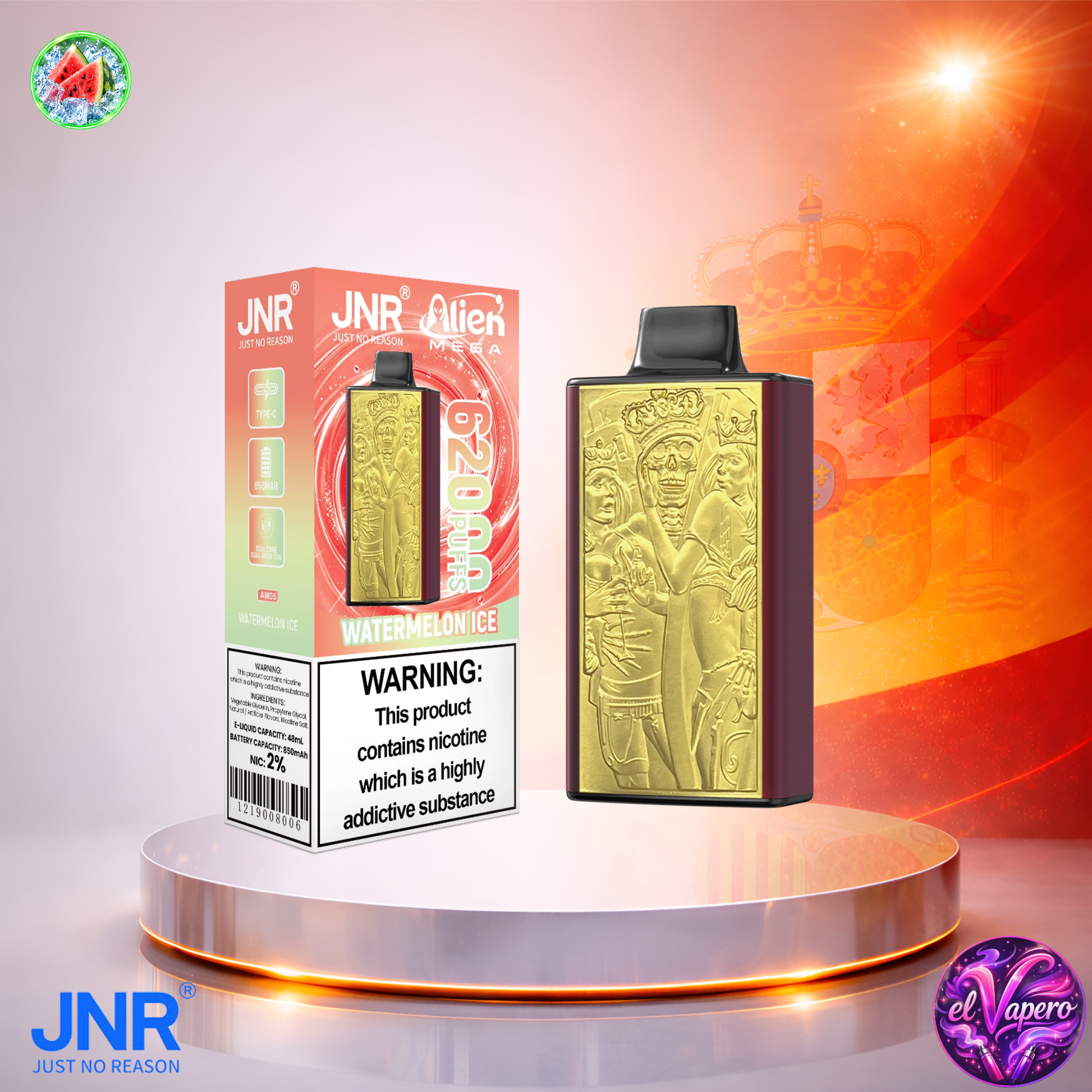 Vaper desechable JNR Alien Mega 62K España Watermelon Ice con hasta 62000 caladas y refrescante sabor a sandía helada