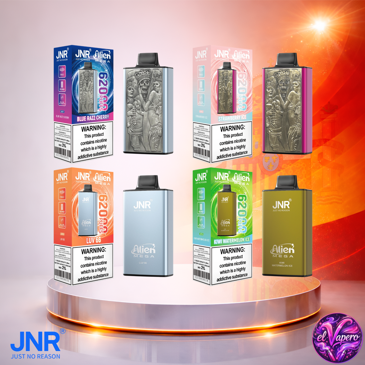Vaper desechable JNR Alien Mega 62K España Mix 1 con hasta 62000 caladas y variedad de sabores.