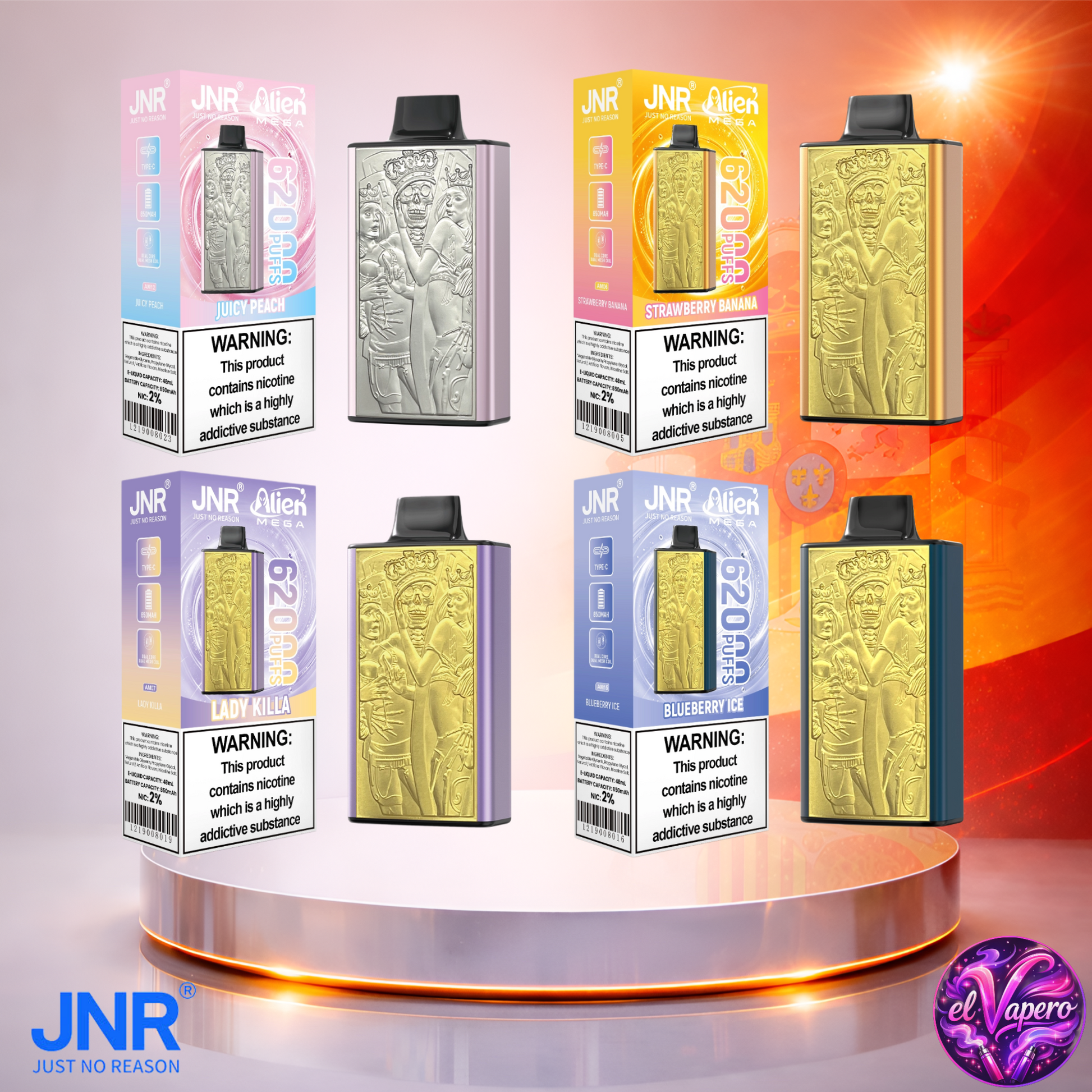 Vaper desechable JNR Alien Mega 62K España Mix 2 con hasta 62000 caladas y variedad de sabores.