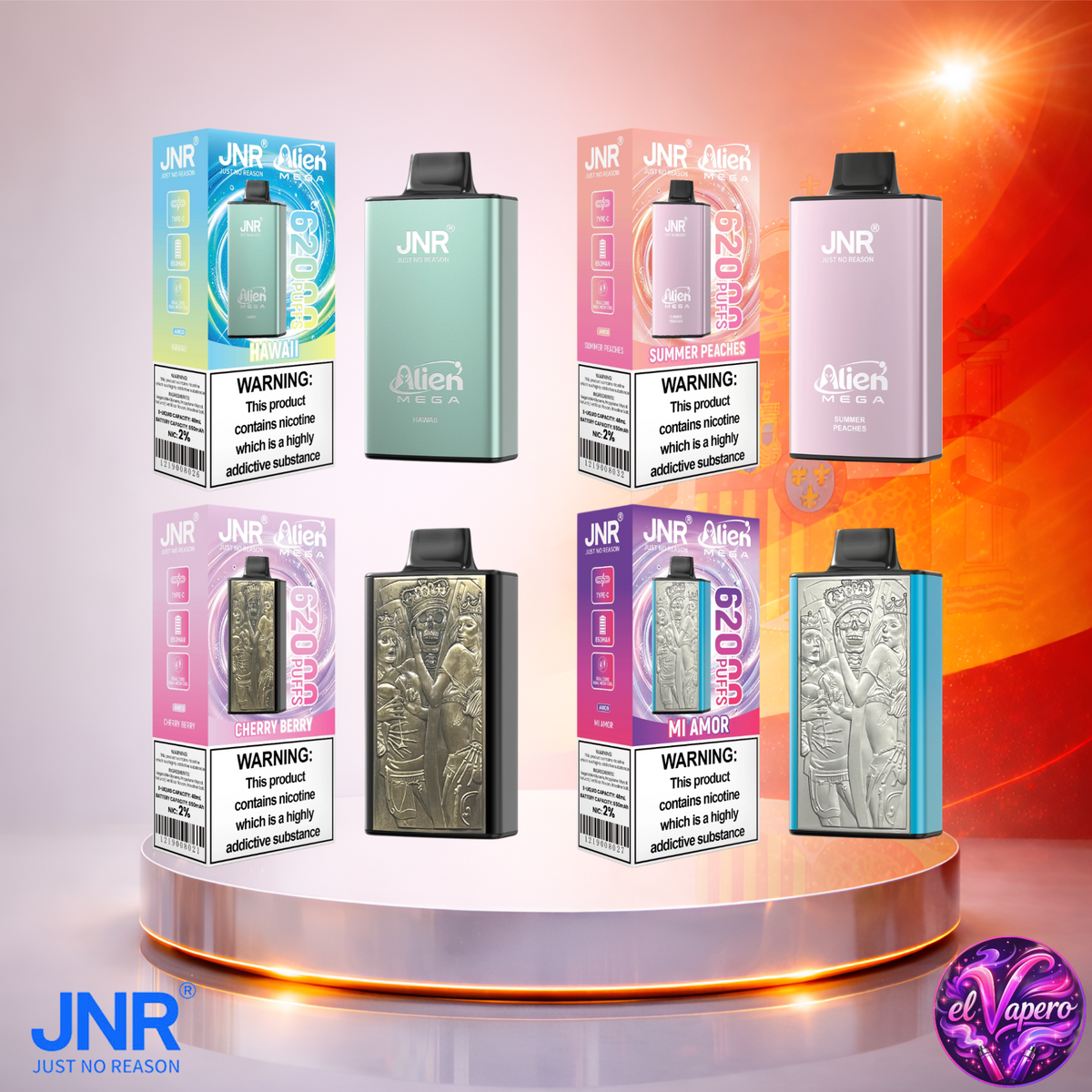 Vaper desechable JNR Alien Mega 62K España Mix 3 con hasta 62000 caladas y variedad de sabores.