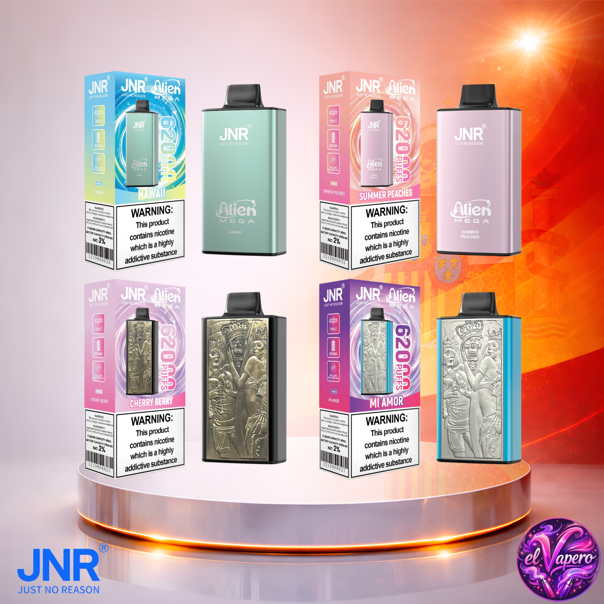 Vaper desechable JNR Alien Mega 62K España Mix 3 con hasta 62000 caladas y variedad de sabores.