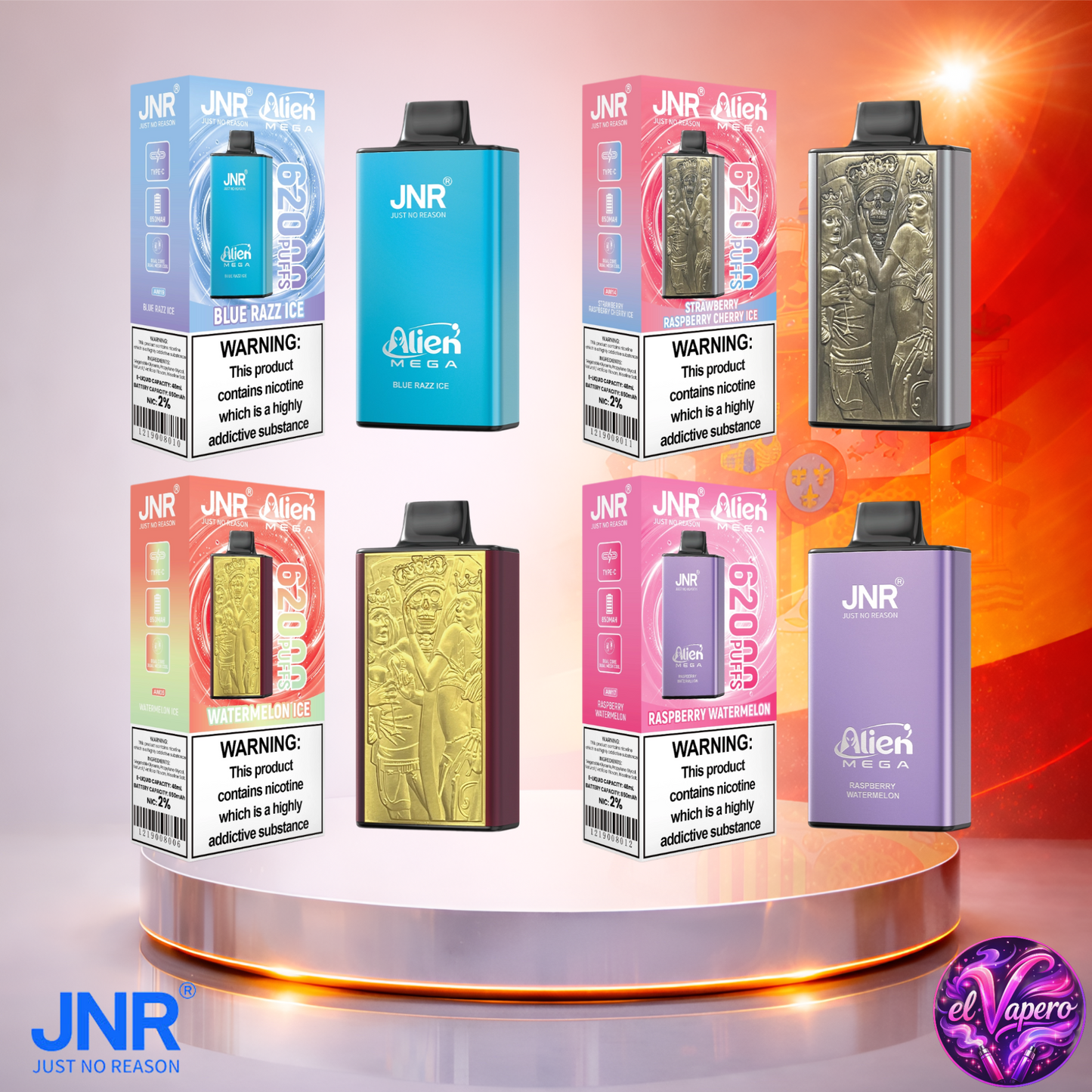 Vaper desechable JNR Alien Mega 62K España Mix 4 con hasta 62000 caladas y variedad de sabores.