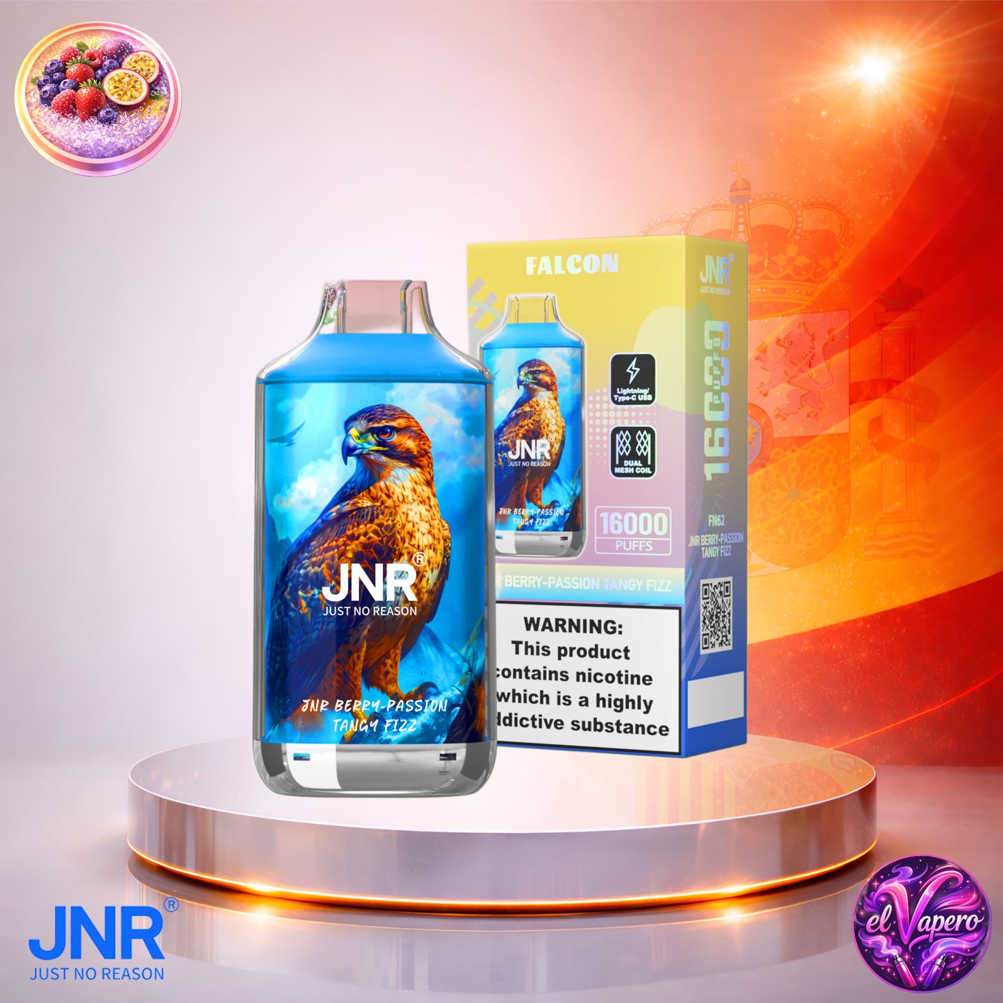 Vapers Desechables - Cigarrillo electrónico - España - JNR - Falcon - 16K - Berry Passion Tangy Fizz 16000 Caladas - El mejor precio