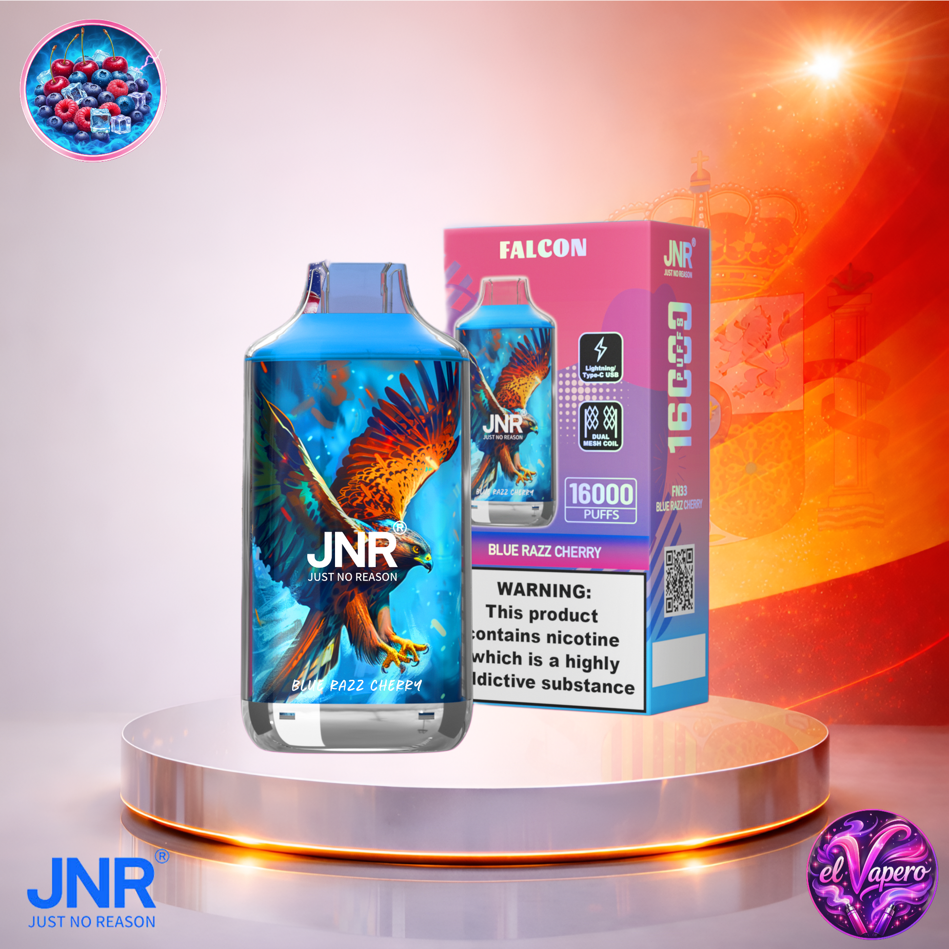 Vapers Desechables - Cigarrillo electrónico - España - JNR - Falcon - 16K - Blue Razz Cherry 16000 Caladas - Los más baratos