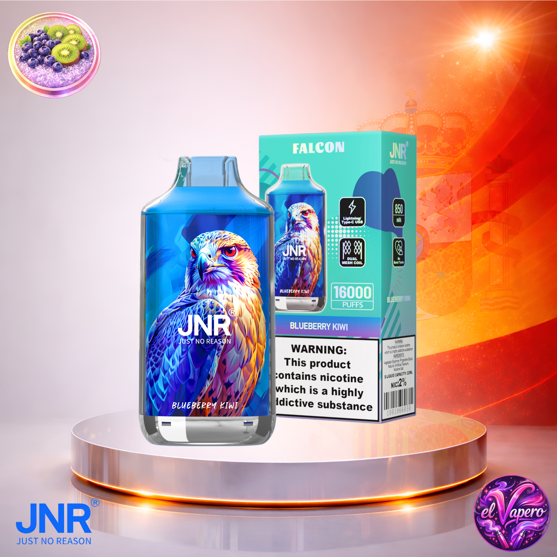 Vapers Desechables - Cigarrillo electrónico - España - JNR - Falcon - 16K - Blueberry Kiwi 16000 Caladas - Más baratos