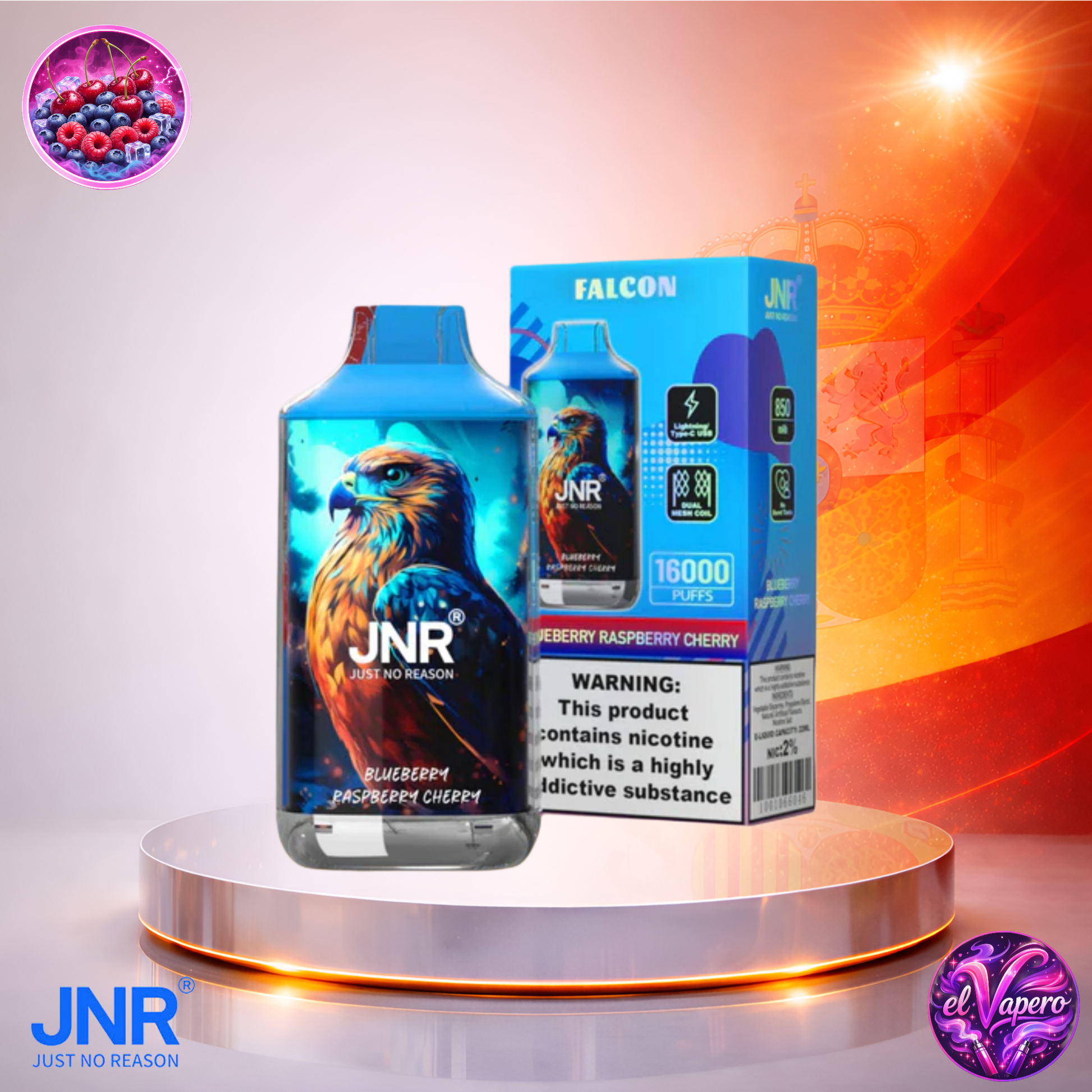 Vapers Desechables - Cigarrillo Electrónico - España - JNR Falcon 16K - Blueberry Raspberry Cherry - 16000 Caladas - Los más baratos