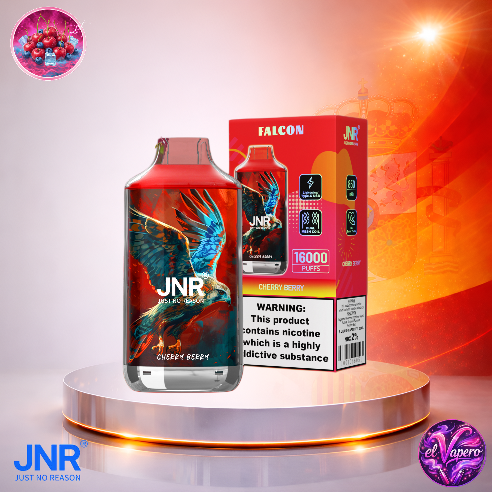 Vapers Desechables - Cigarrillo electrónico - España - JNR - Falcon - 16K - Cherry Berry 16000 Caladas - El mejor precio
