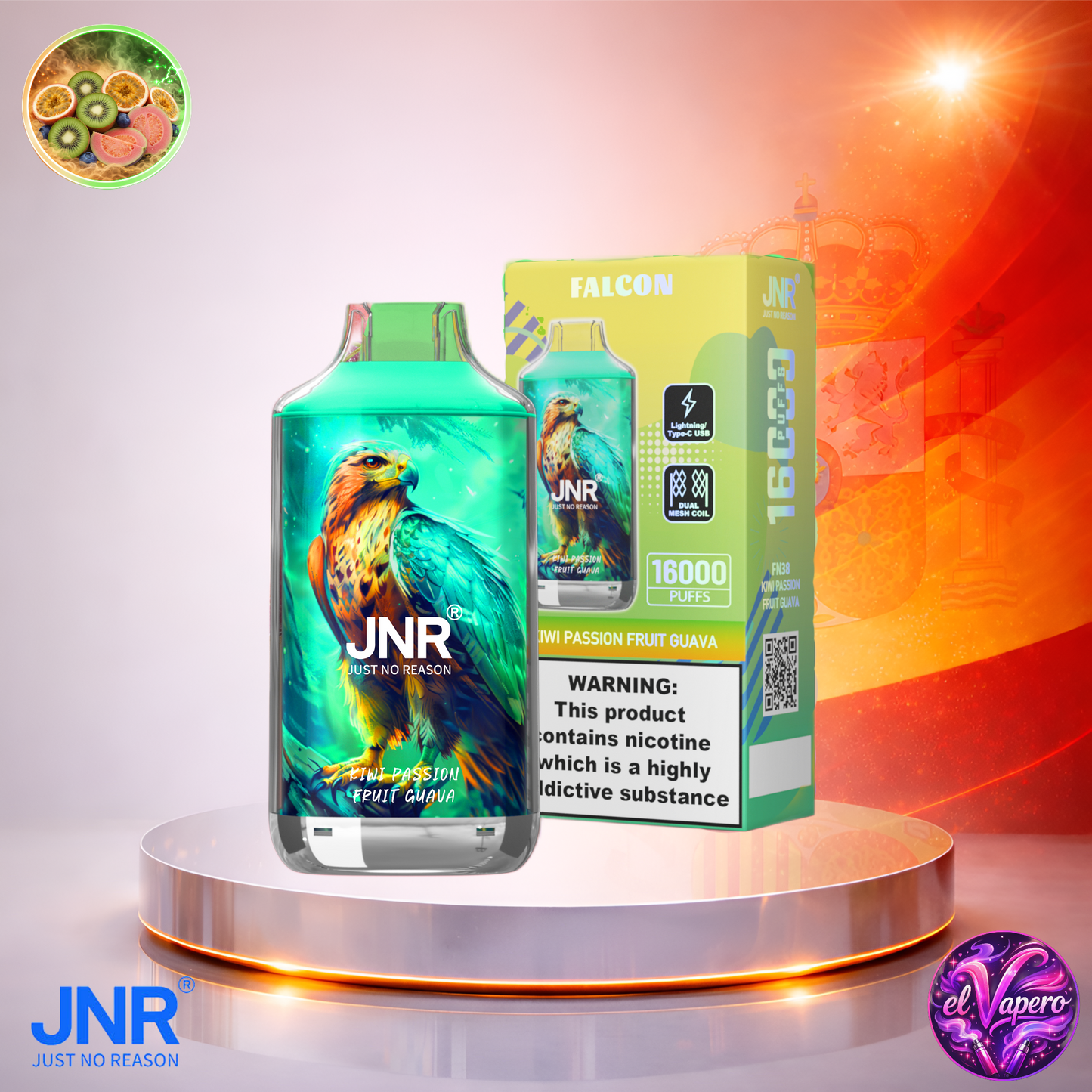Vapers Desechables - Cigarrillo electrónico - España - JNR - Falcon - 16K - Kiwi Passion Fruit Guava 16000 Caladas - Más baratos