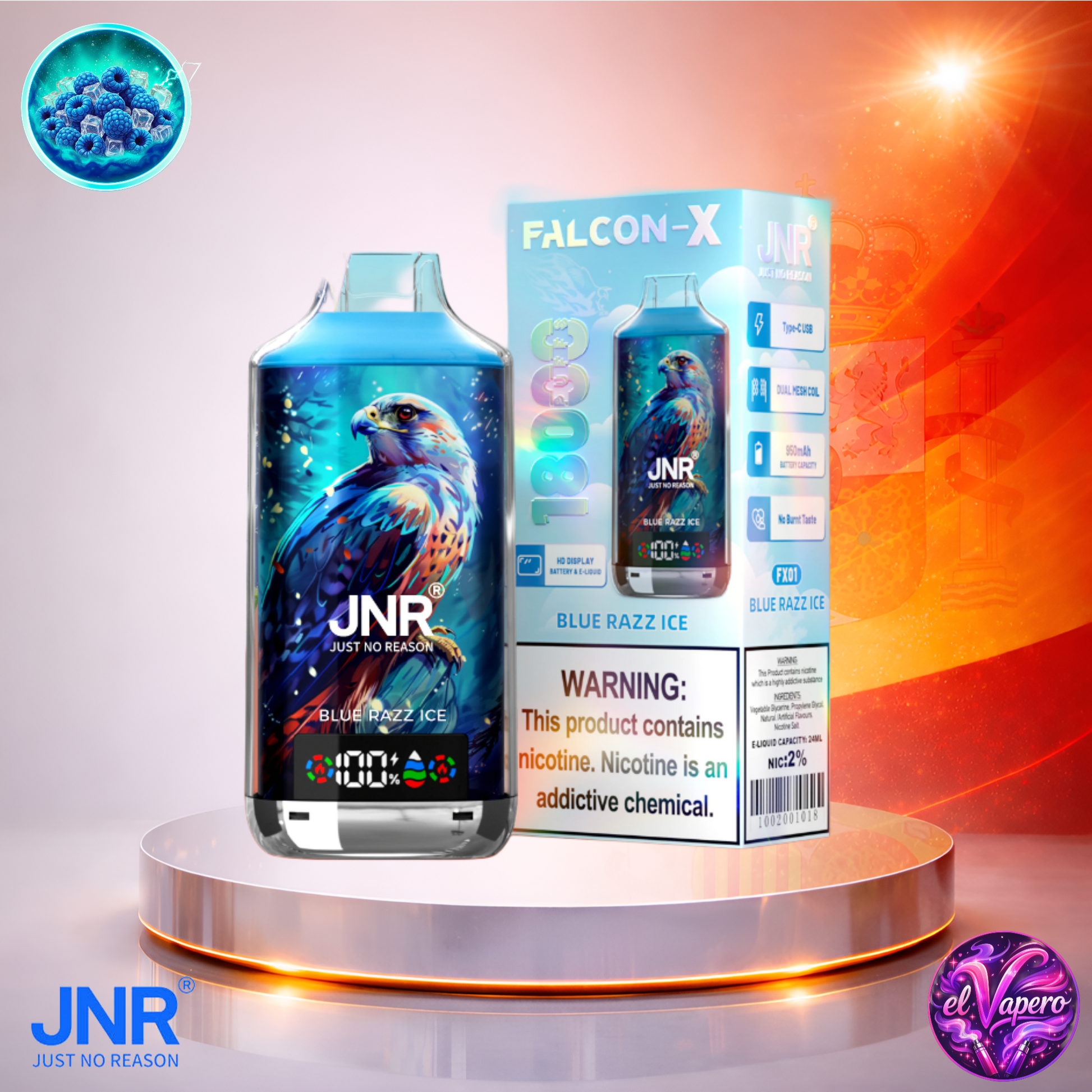 Vapers Desechables - Cigarrillo electrónico - España - JNR - FalconX - 18K - Blue Razz Ice 18000 Caladas - Los más baratos