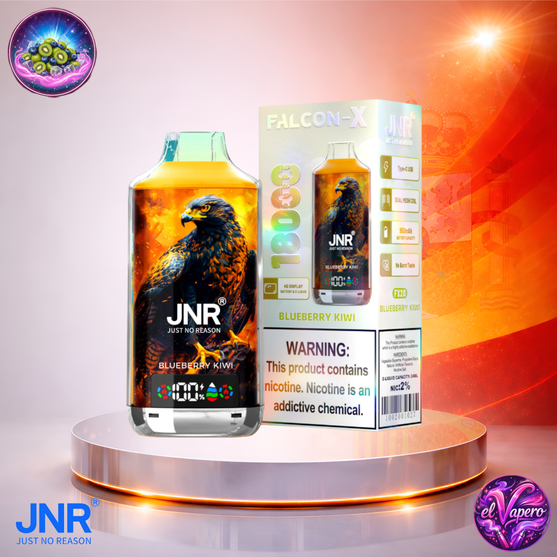 Vapers Desechables - Cigarrillo electrónico - España - JNR - FalconX - 18K - Blueberry Kiwi 18000 Caladas - Los más baratos
