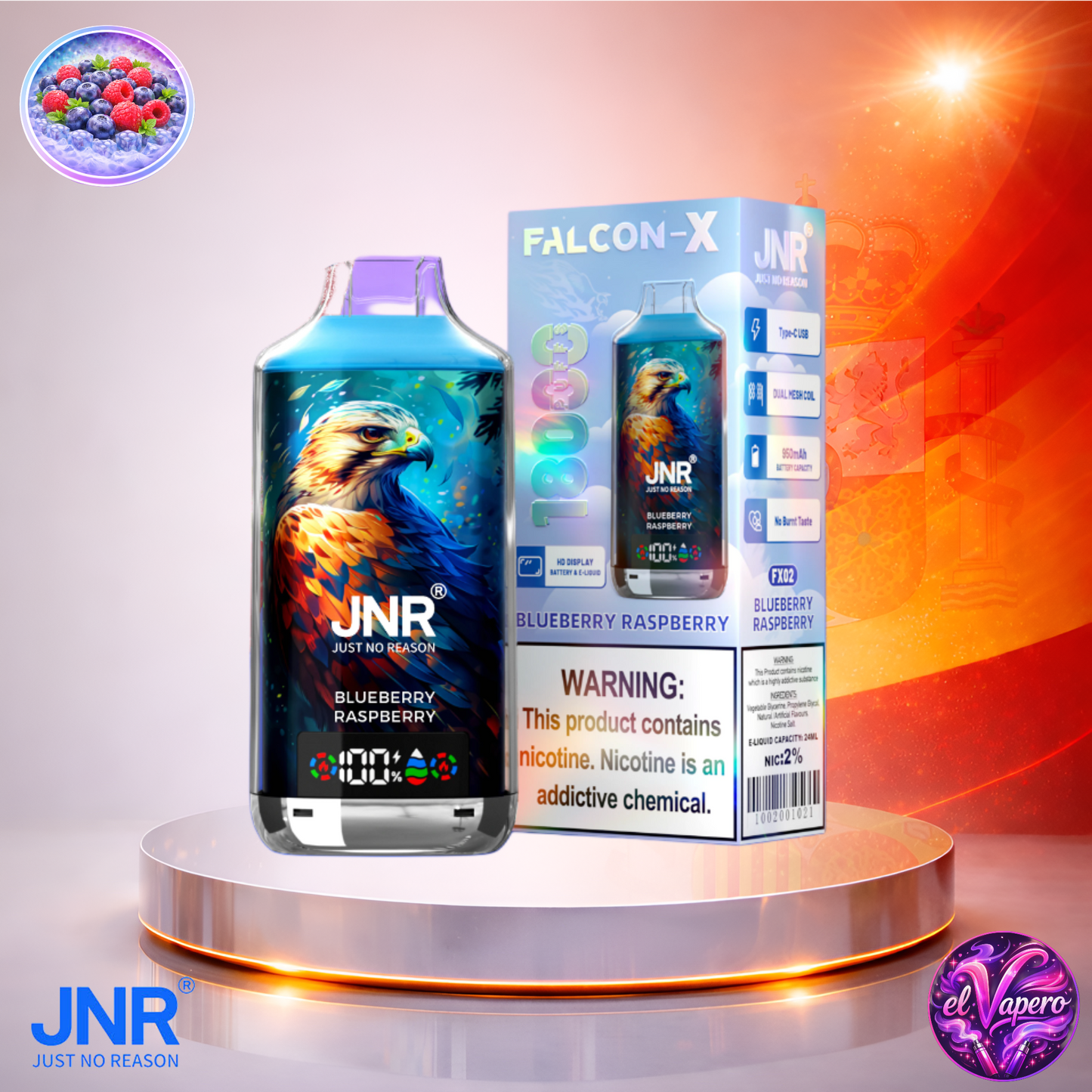 Vapers Desechables - Cigarrillo electrónico - España - JNR - FalconX - 18K - Blueberry Raspberry 18000 Caladas - Los más baratos