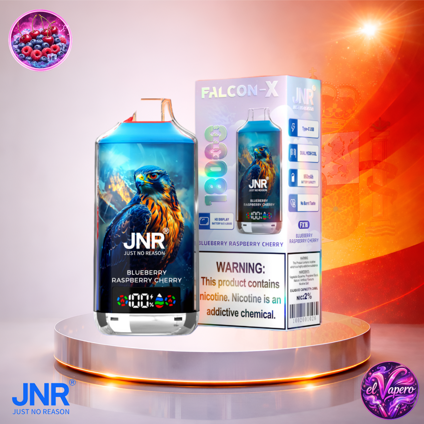 Vapers Desechables - Cigarrillo electrónico - España - JNR - FalconX - 18K - Blueberry Raspberry Cherry 18000 Caladas - El mejor precio