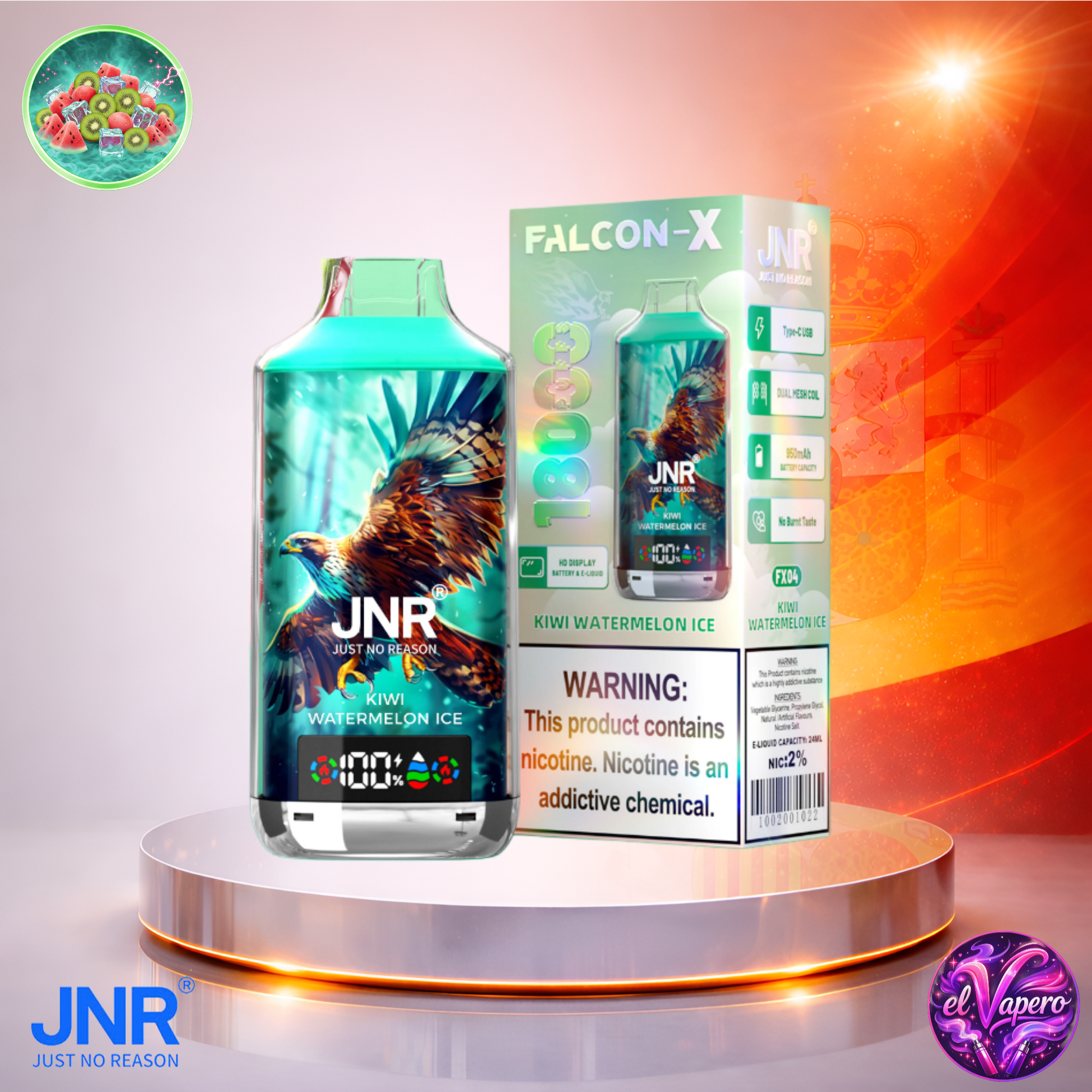 Vapers Desechables - Cigarrillo electrónico - España - JNR - FalconX - 18K - Kiwi Watermelon Ice 18000 Caladas - Más baratos