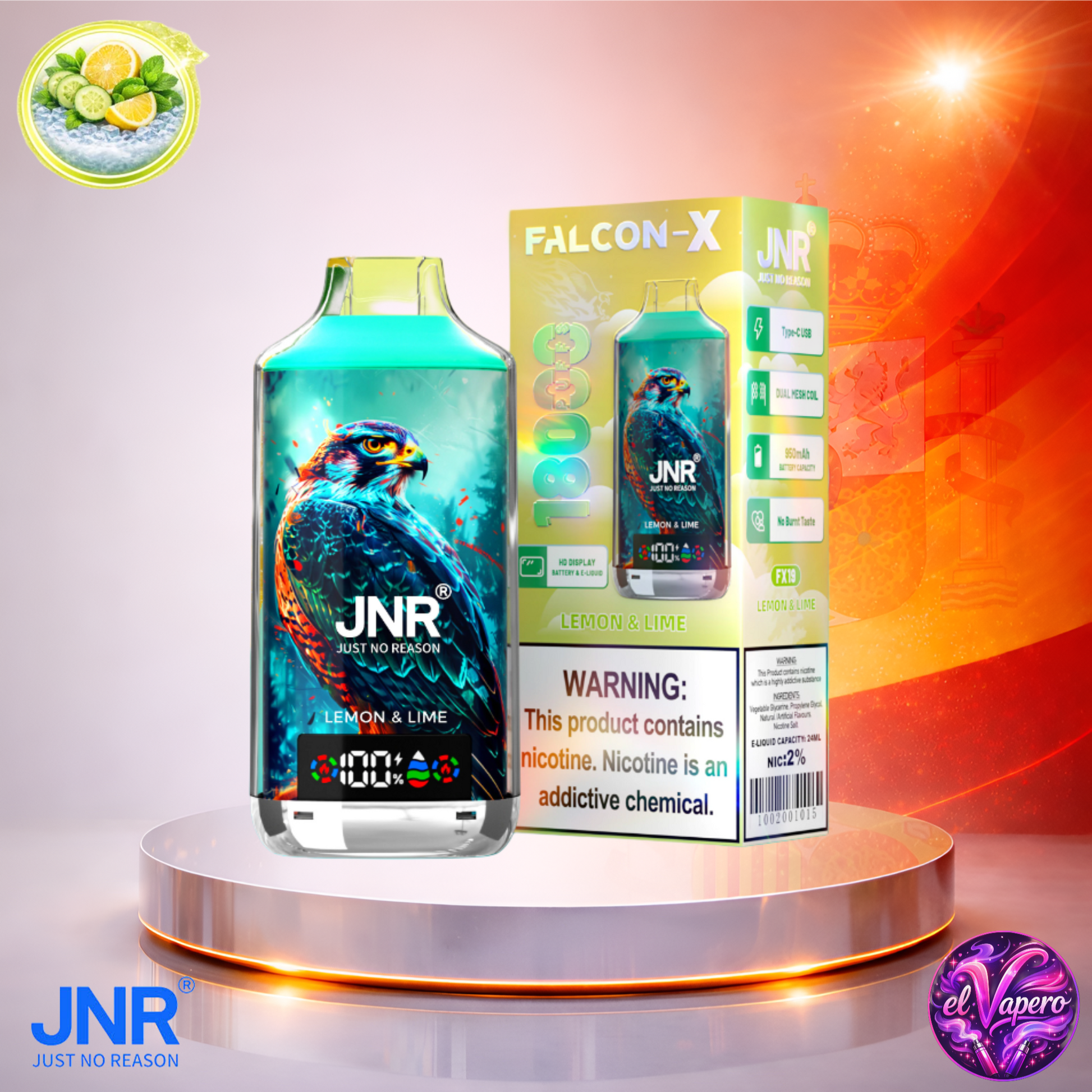 Vapers Desechables - Cigarrillo electrónico - España - JNR - FalconX - 18K - Lemon Lime 18000 Caladas - Los más baratos