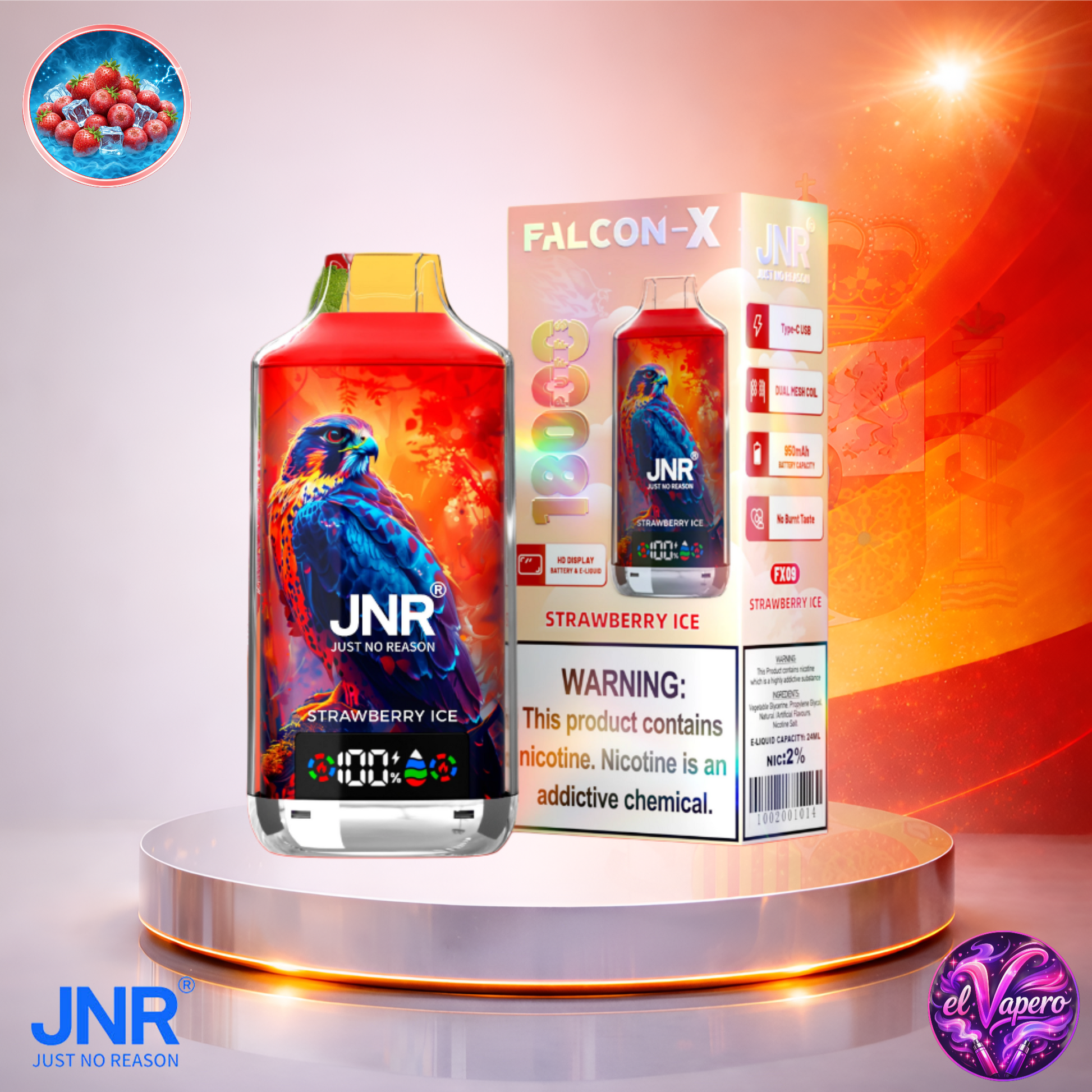 Vapers Desechables - Cigarrillo electrónico - España - JNR - FalconX - 18K - Strawberry Ice 18000 Caladas - El mejor precio