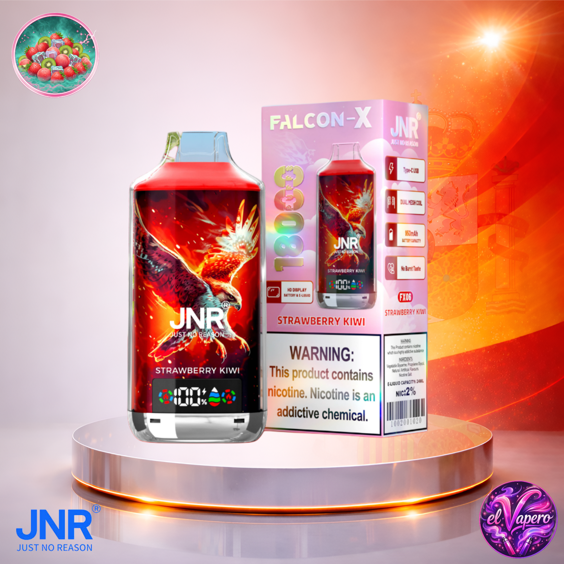 Vapers Desechables - Cigarrillo electrónico - España - JNR - FalconX - 18K - Strawberry Kiwi 18000 Caladas - El mejor precio