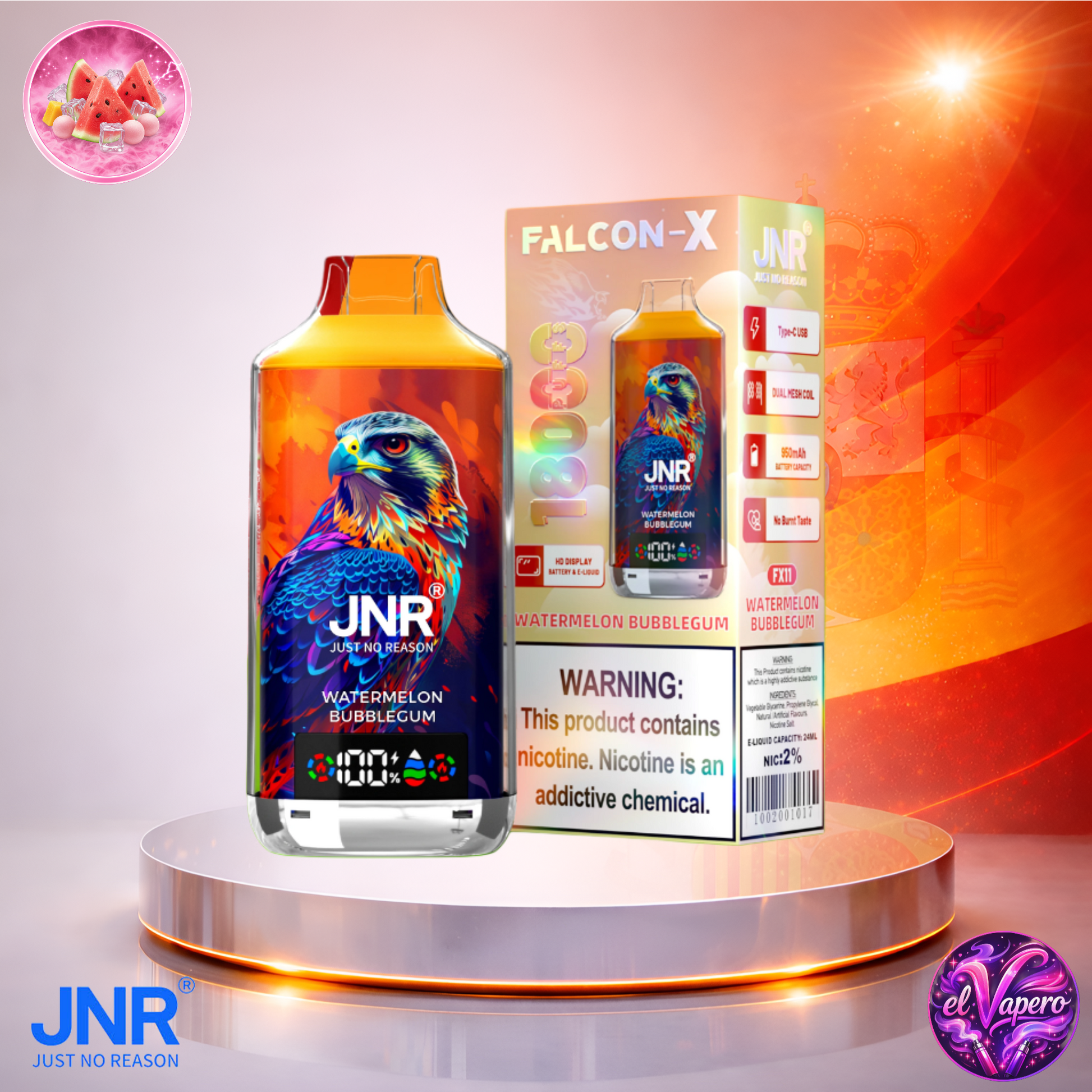 Vapers Desechables - Cigarrillo electrónico - España - JNR - FalconX - 18K - Watermelon Bubblegum 18000 Caladas - Los más baratos