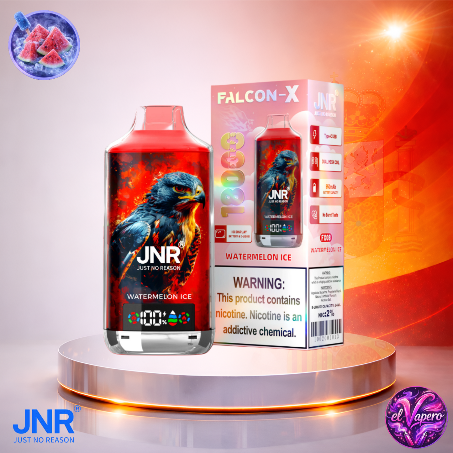 Vapers Desechables - Cigarrillo electrónico - España - JNR - FalconX - 18K - Watermelon Ice 18000 Caladas - El mejor precio