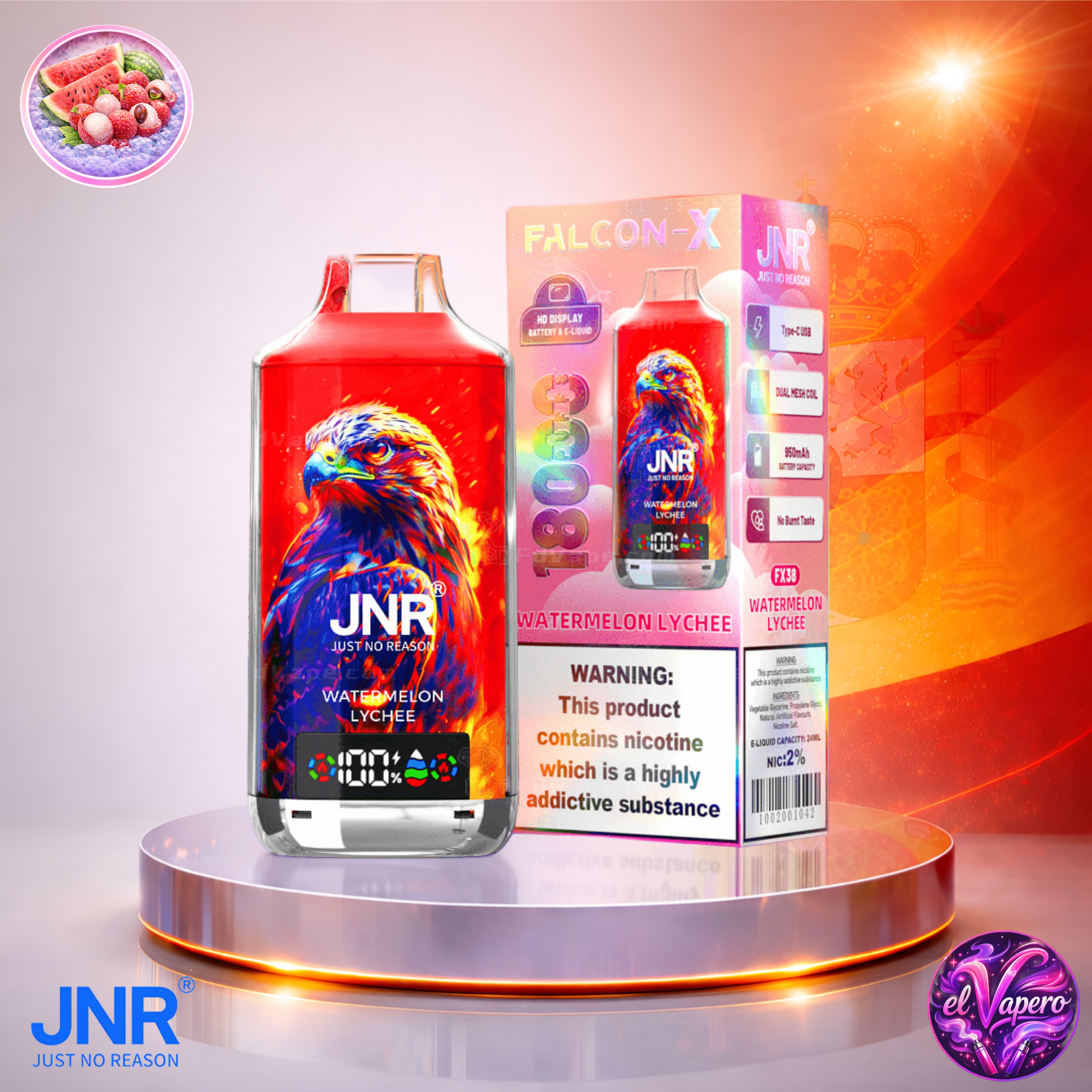 Vapers Desechables - Cigarrillo electrónico - España - JNR - FalconX - 18K - Watermelon Lychee 18000 Caladas - El mejor precio