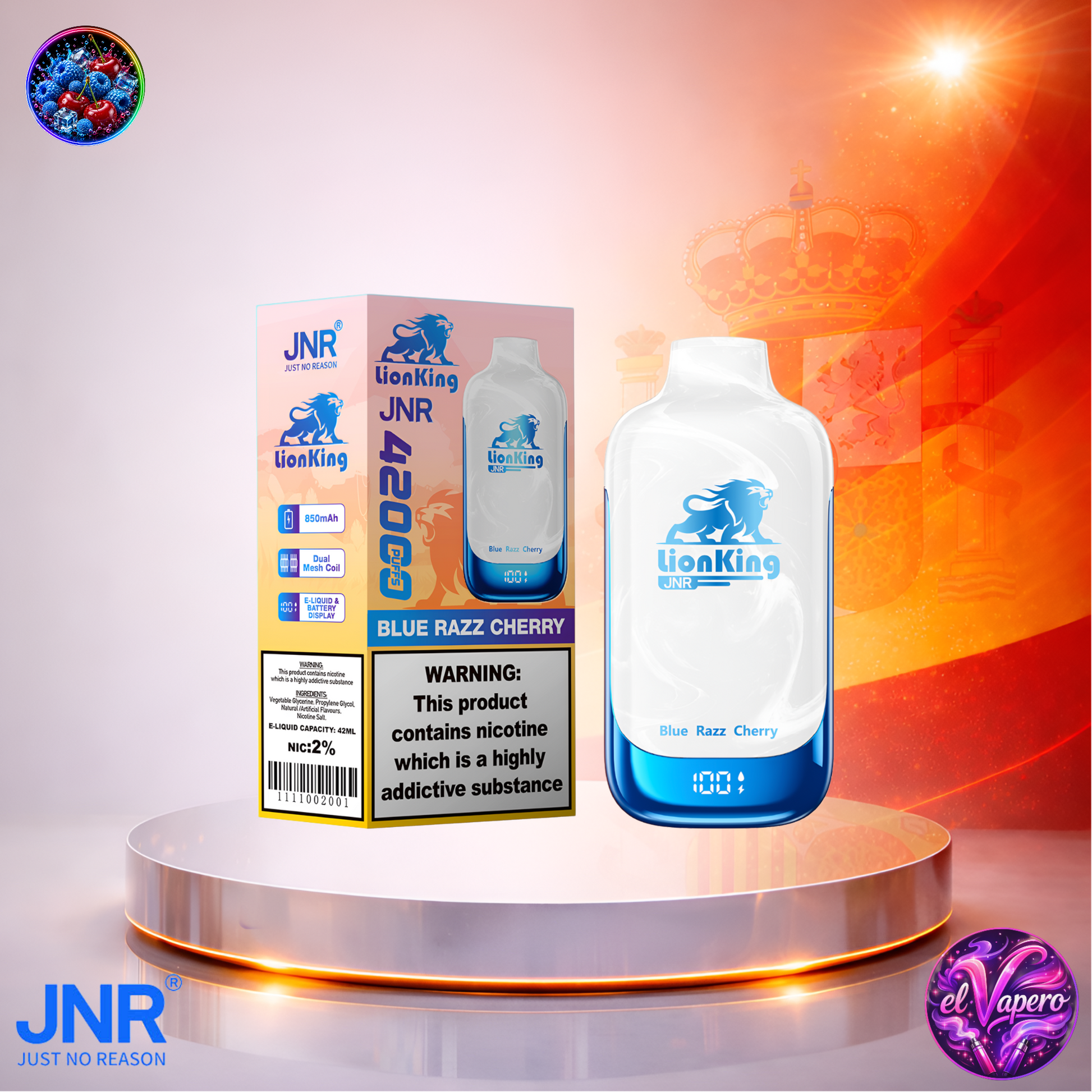 Vapers Desechables - Cigarrillo Electrónico - España - JNR - LionKing - 42K - Blue Razz Cherry 42000 Caladas - Los más baratos