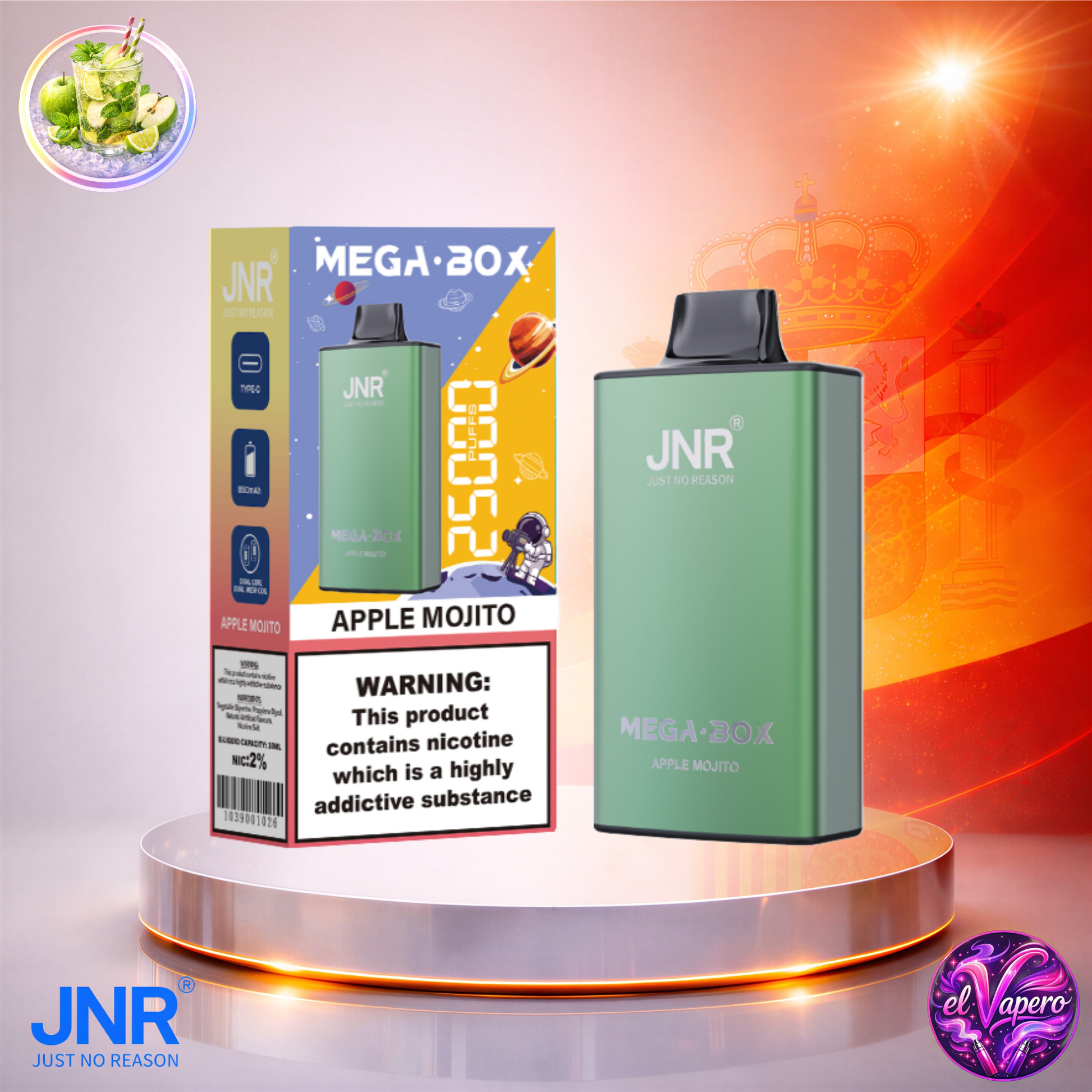Vapers Desechables - Cigarrillo electrónico - España - JNR - MegaBox - 25K - Apple Mojito 25000 Caladas - Los más baratos