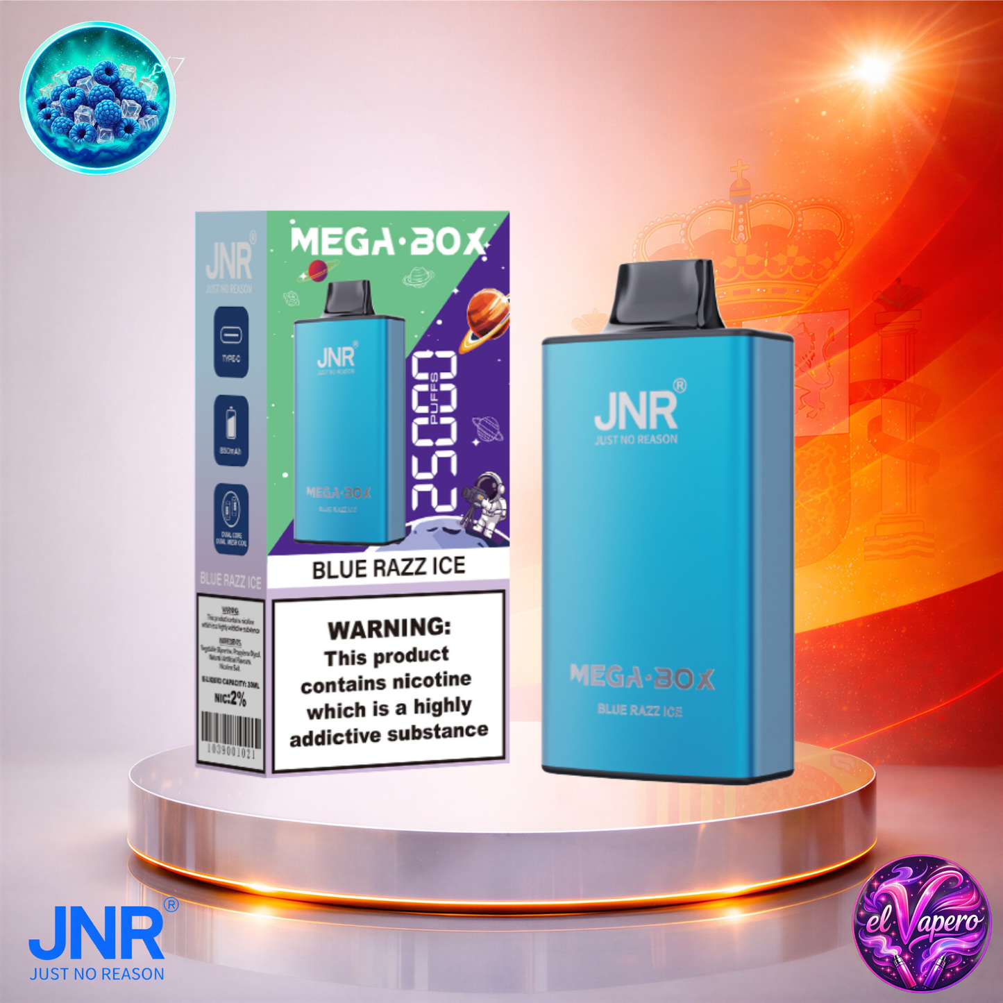 Vapers Desechables - Cigarrillo electrónico - España - JNR - MegaBox - 25K - Blue Razz Ice 25000 Caladas - Más baratos