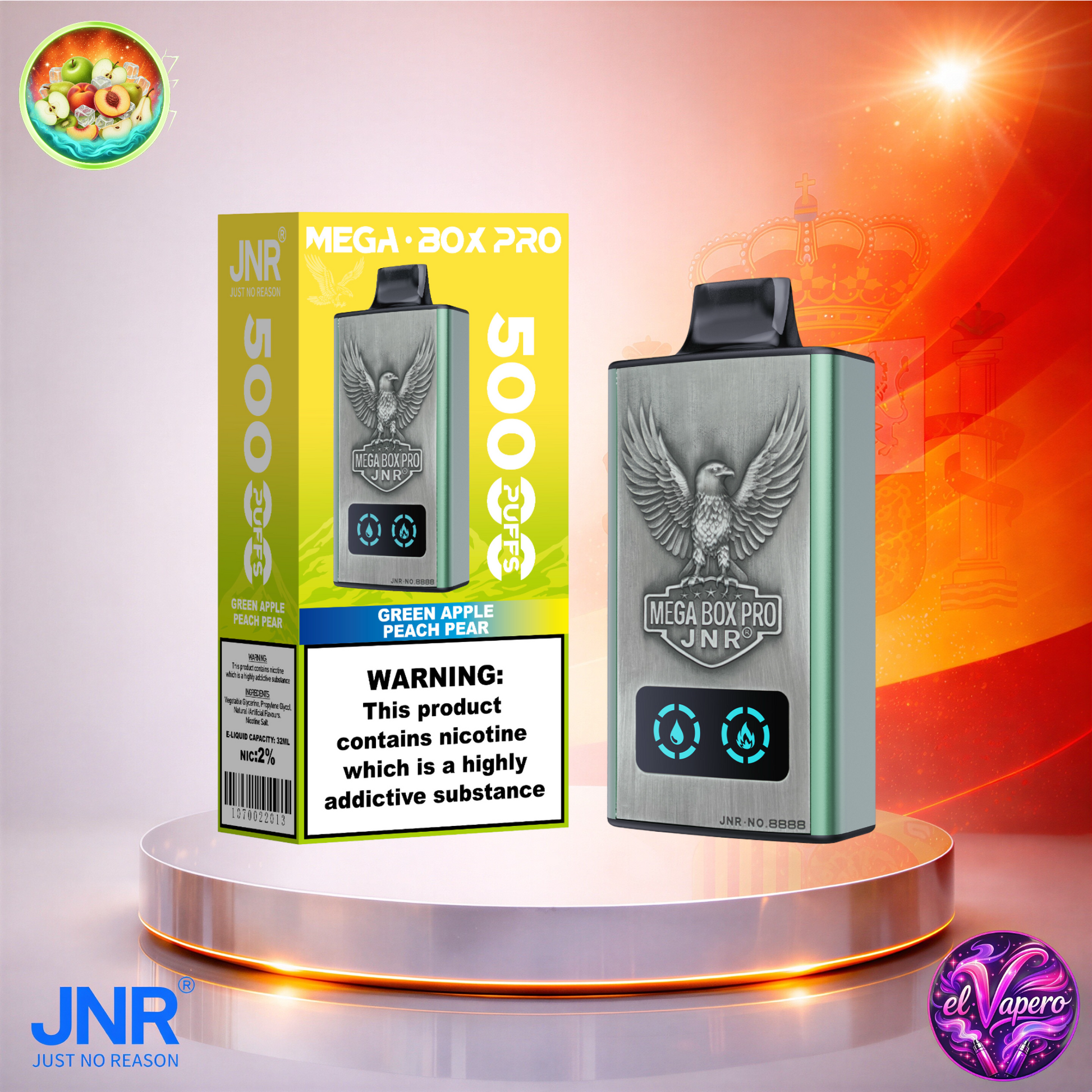 Vapers Desechables - Cigarrillo electrónico - España - JNR - MegaBoxPro - 50K - Green Apple Peach Pear 50000 Caladas - Más baratos