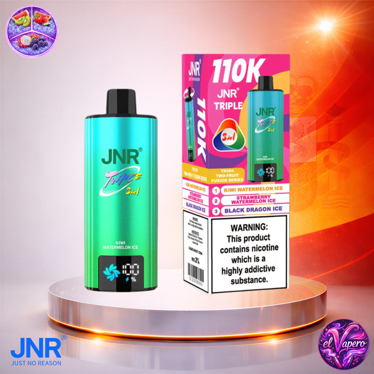 Vapers Desechables - Cigarrillo electrónico - España - JNR - Triple 3 en 1 - 110K - Kiwi Watermelon Ice Strawberry Watermelon Ice Black Dragon Ice 110000 Caladas - El mejor precio