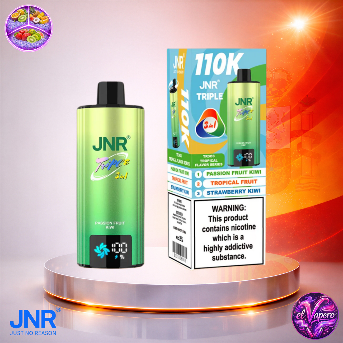 Vapers Desechables - Cigarrillo electrónico - España - JNR - Triple 3 en 1 - 110K - Passion Fruit Kiwi Tropical Fruit Strawberry Kiwi 110000 Caladas - El mejor precio