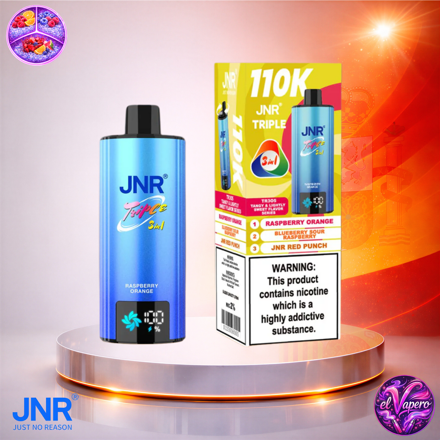 Vapers Desechables - Cigarrillo electrónico - España - JNR - Triple 3 en 1 - 110K - Raspberry Orange Blueberry Sour Raspberry JNR Red Punch 110000 Caladas - El mejor precio