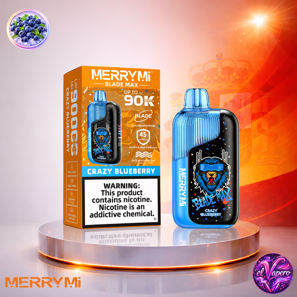 Vaper desechable MerryMi Blade Max 90K España Crazy Blueberry con hasta 90000 caladas y delicioso sabor a arándanos.