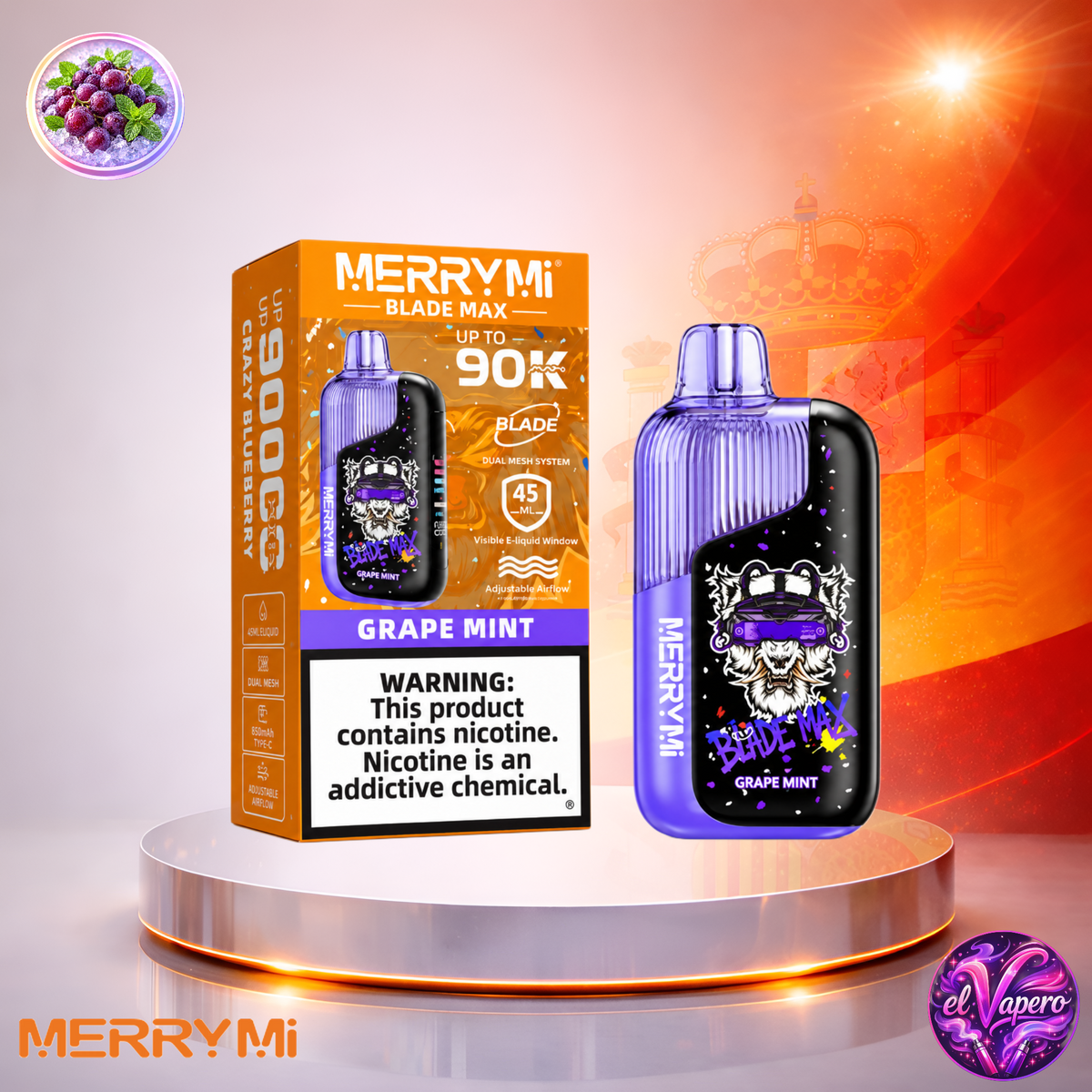 Vaper desechable MerryMi Blade Max 90K España Grape Mint con hasta 90000 caladas y refrescante sabor a uva y menta.