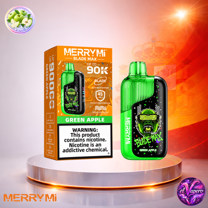 Vaper desechable MerryMi Blade Max 90K España Green Apple con hasta 90000 caladas y refrescante sabor a manzana verde.