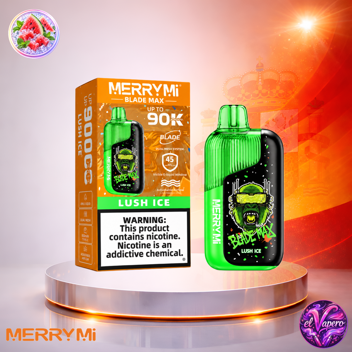 Vaper desechable MerryMi Blade Max 90K España Lush Ice con hasta 90000 caladas y refrescante sabor afrutado con toque helado.