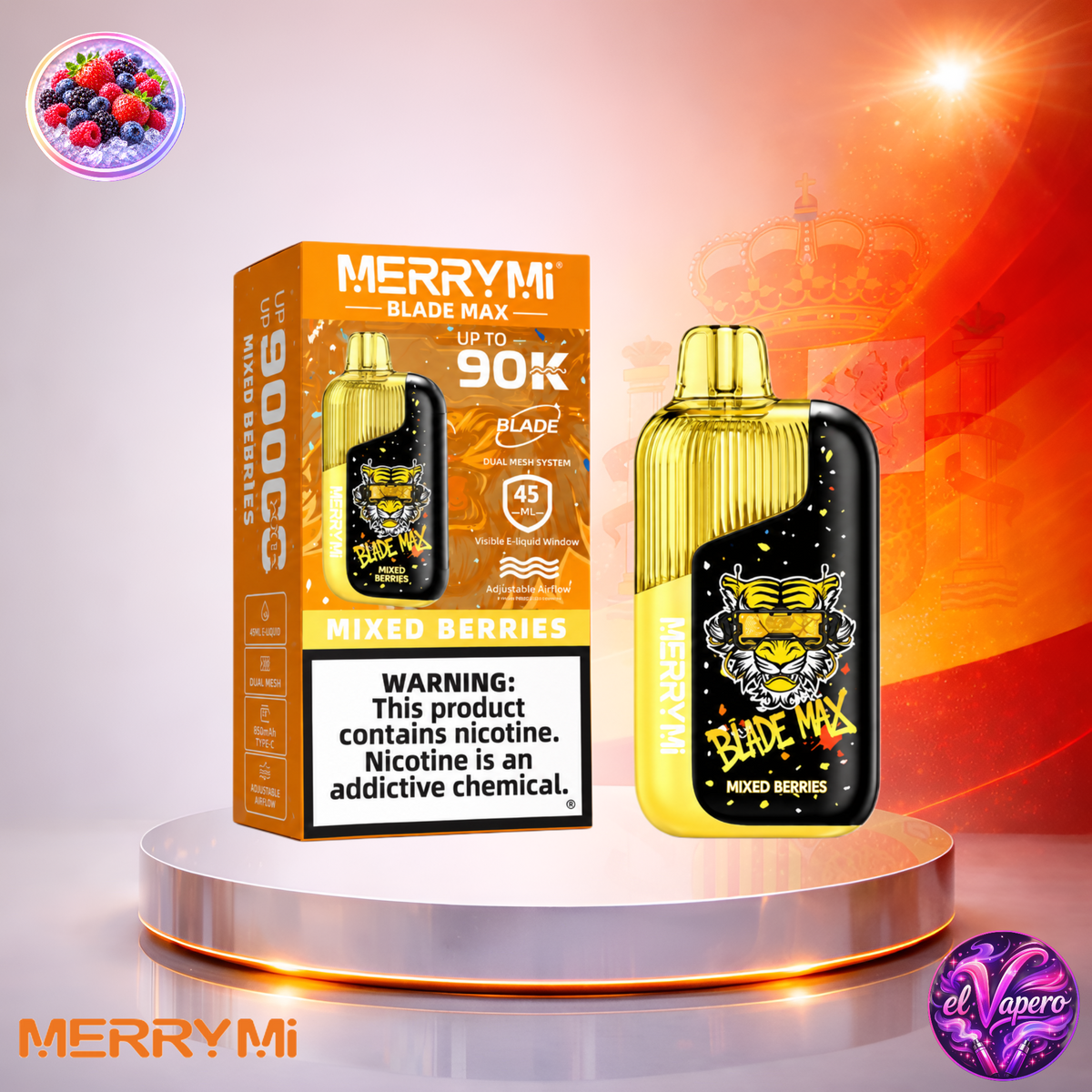 Vaper desechable MerryMi Blade Max 90K España Mixed Berries con hasta 90000 caladas y delicioso sabor a frutos rojos.