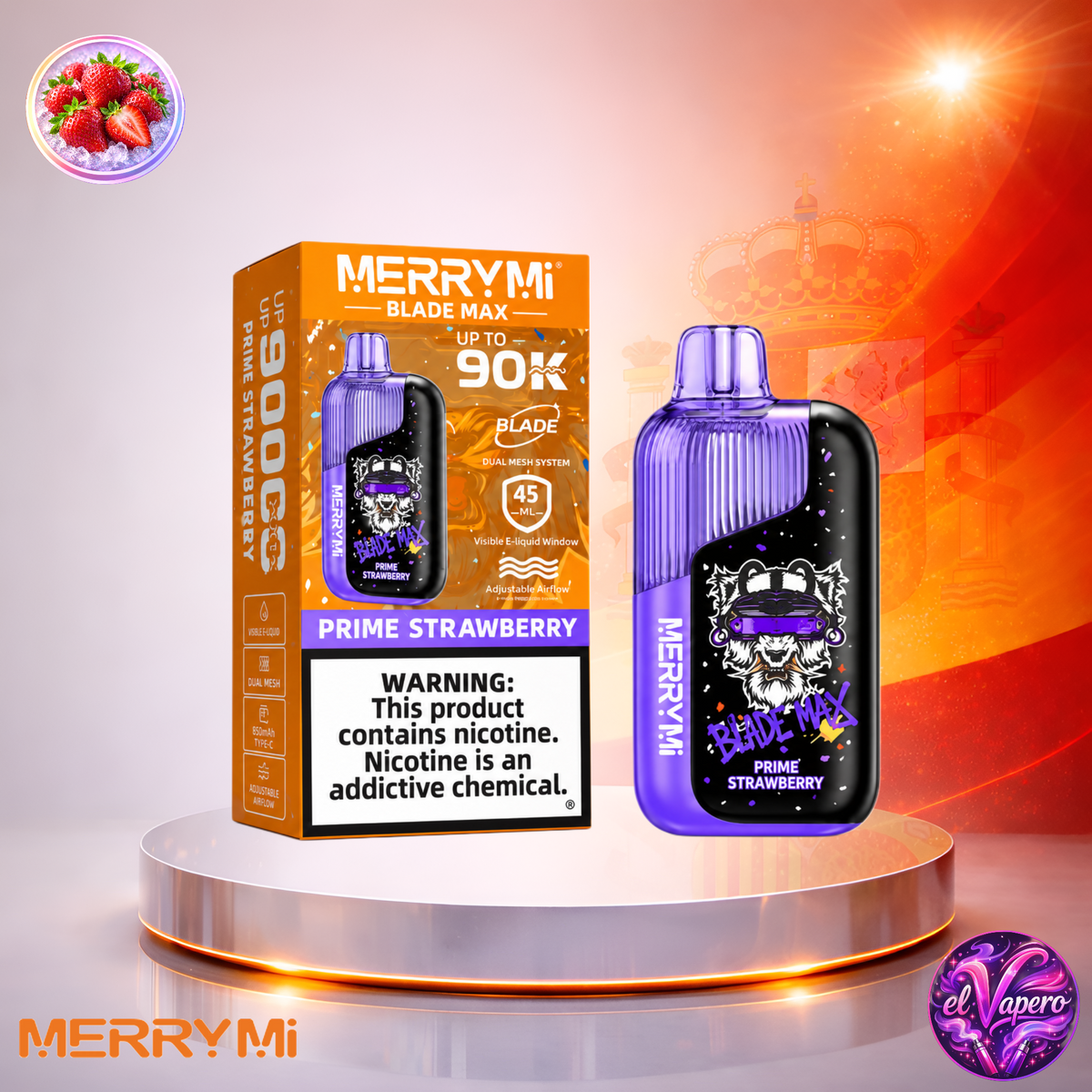 Vaper desechable MerryMi Blade Max 90K España Prime Strawberry con hasta 90000 caladas y delicioso sabor a fresa.