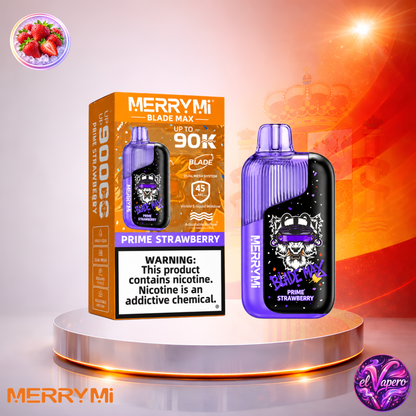 Vaper desechable MerryMi Blade Max 90K España Prime Strawberry con hasta 90000 caladas y delicioso sabor a fresa.