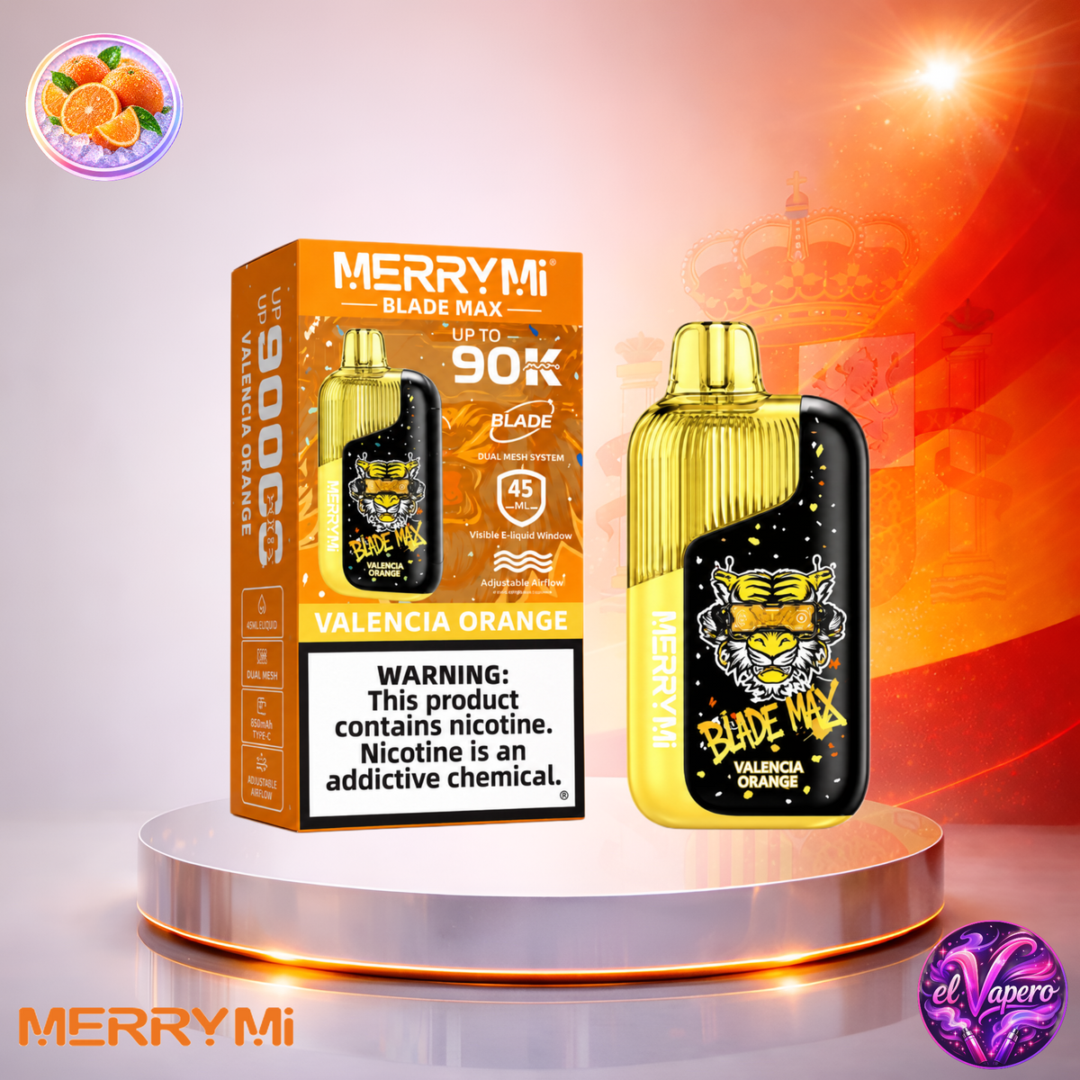 Vaper desechable MerryMi Blade Max 90K España Valencia Orange con hasta 90000 caladas y refrescante sabor a naranja.