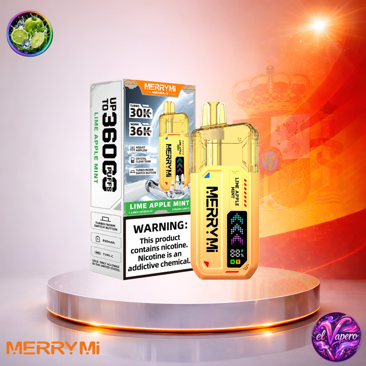 MerryMi Mecha X 36K España vaper desechable Lime Apple Mint con 36000 caladas y sabor a lima, manzana y menta