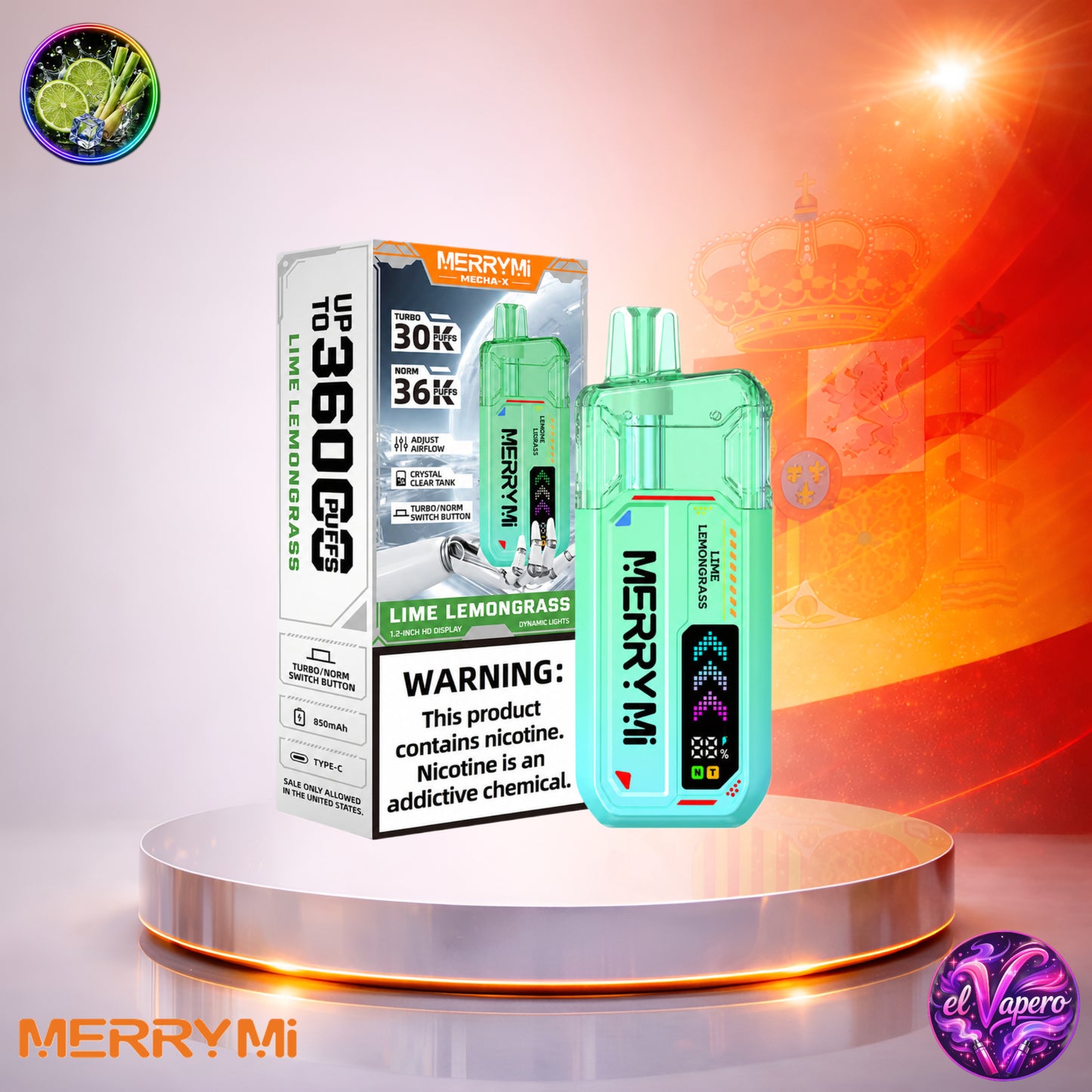 MerryMi Mecha X 36K España vaper desechable Lime Lemongrass con 36000 caladas y sabor a lima y hierba limón