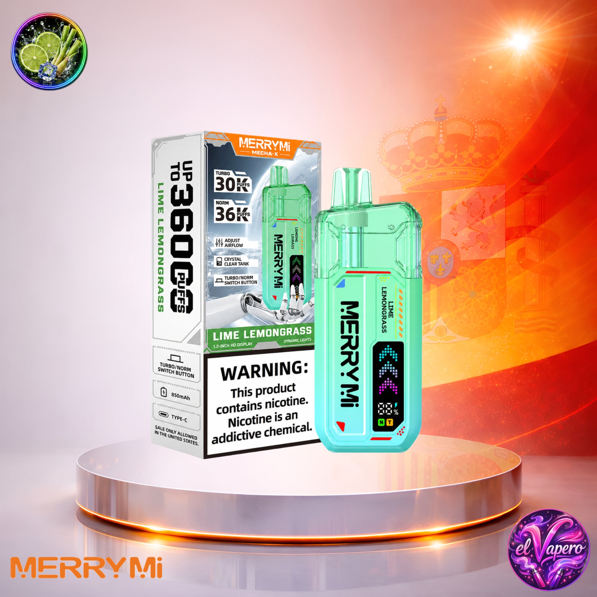MerryMi Mecha X 36K España vaper desechable Lime Lemongrass con 36000 caladas y sabor a lima y hierba limón