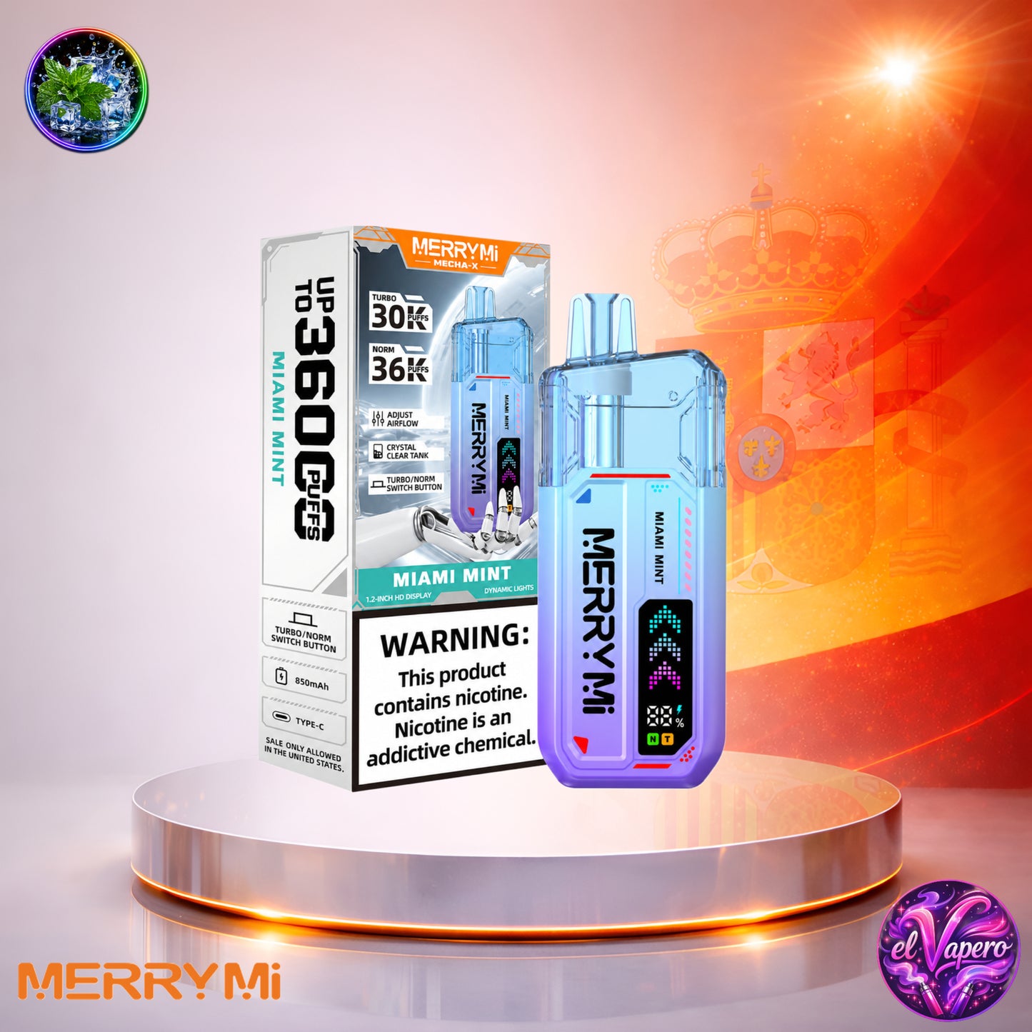 MerryMi Mecha X 36K España vaper desechable Miami Mint con 36000 caladas y sabor a menta fresca