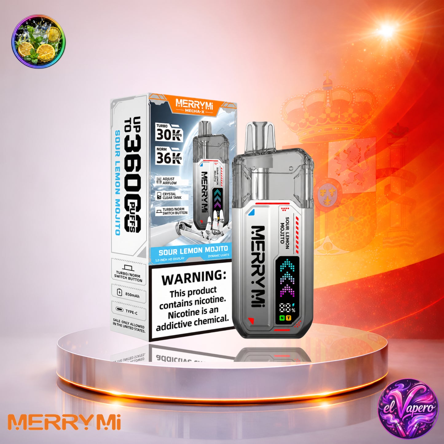 MerryMi Mecha X 36K España vaper desechable Sour Lemon Mojito con 36000 caladas y sabor a limón ácido y mojito